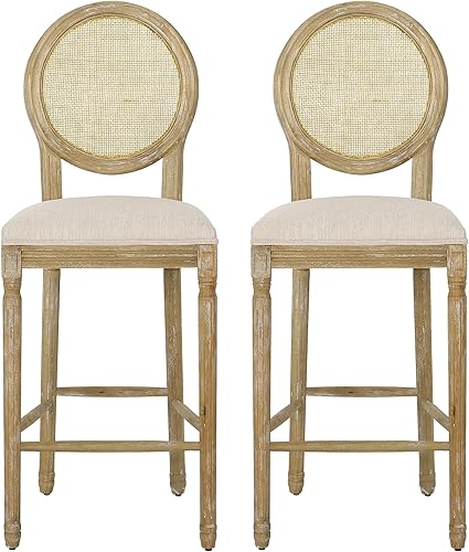 Christopher Knight Home Caspar French Country Taburetes de bar de madera con asientos tapizados (juego de 2), beige y natural