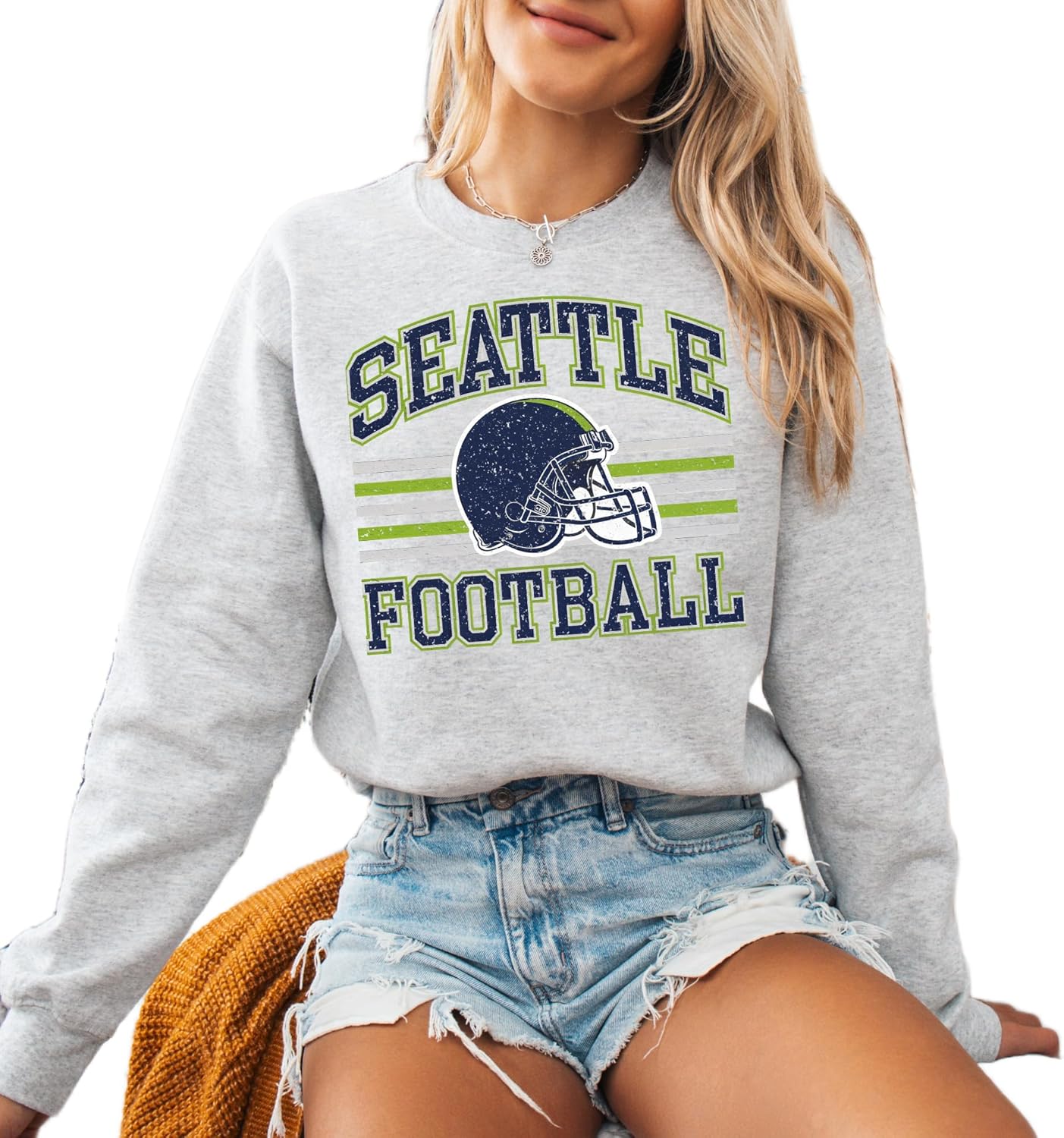 Distressed Seattle Football Hoodie– Retro Collegiate Style Vintage Helmet Pullover for Women