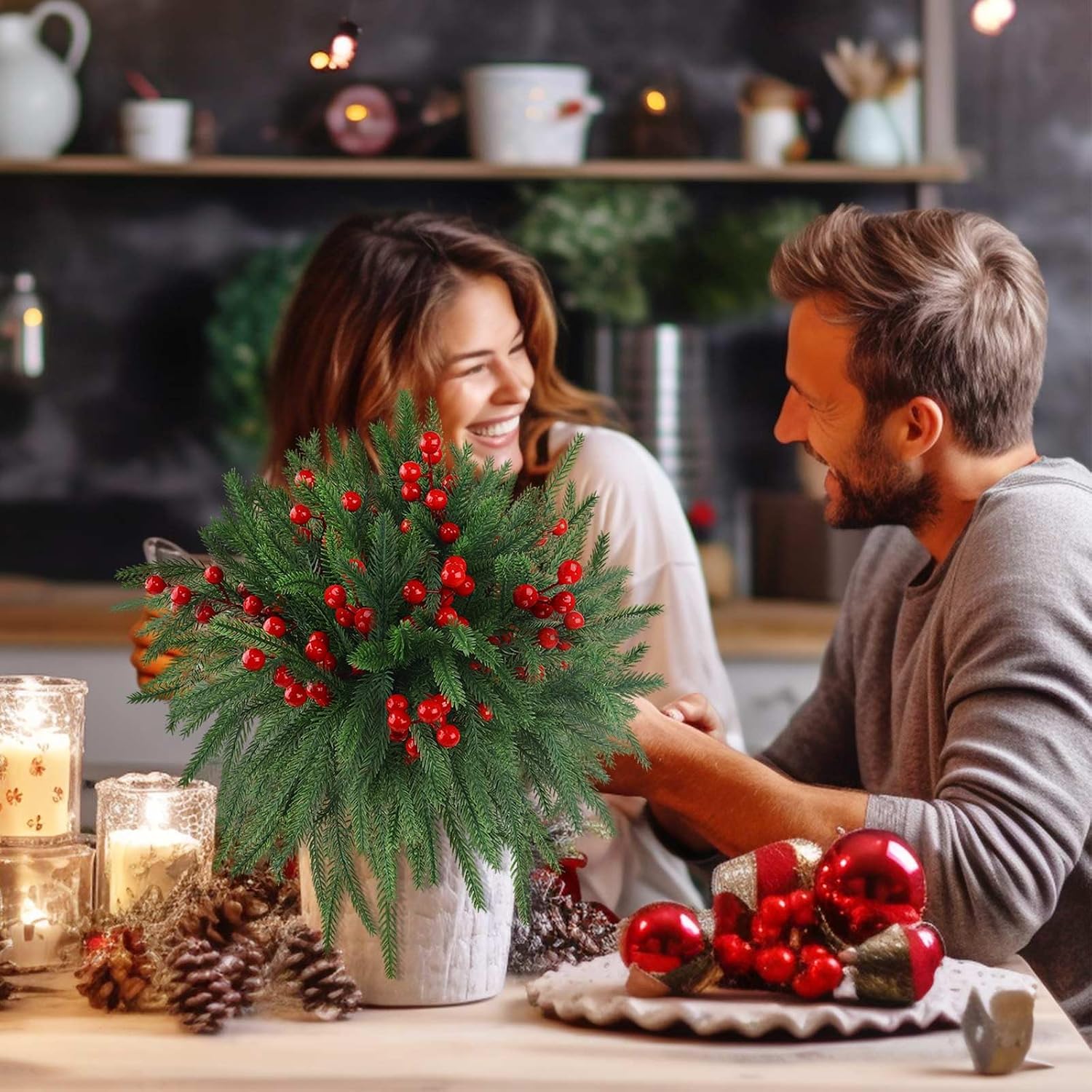 60 Pcs Christmas Norfolk Pine Branches Stems, 15” Artificial Real Touch Greenery Pine Needles Stems with Red Berry Picks for Christmas Party Garland Wreath Vase Decoration DIY Craft
