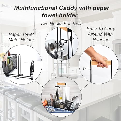 Miniatura 7 de OMAIA Carrito para barbacoa y parrilla con soporte para toallas de papel, mango de madera y 2 ganchos, accesorios para cámper, organizador de