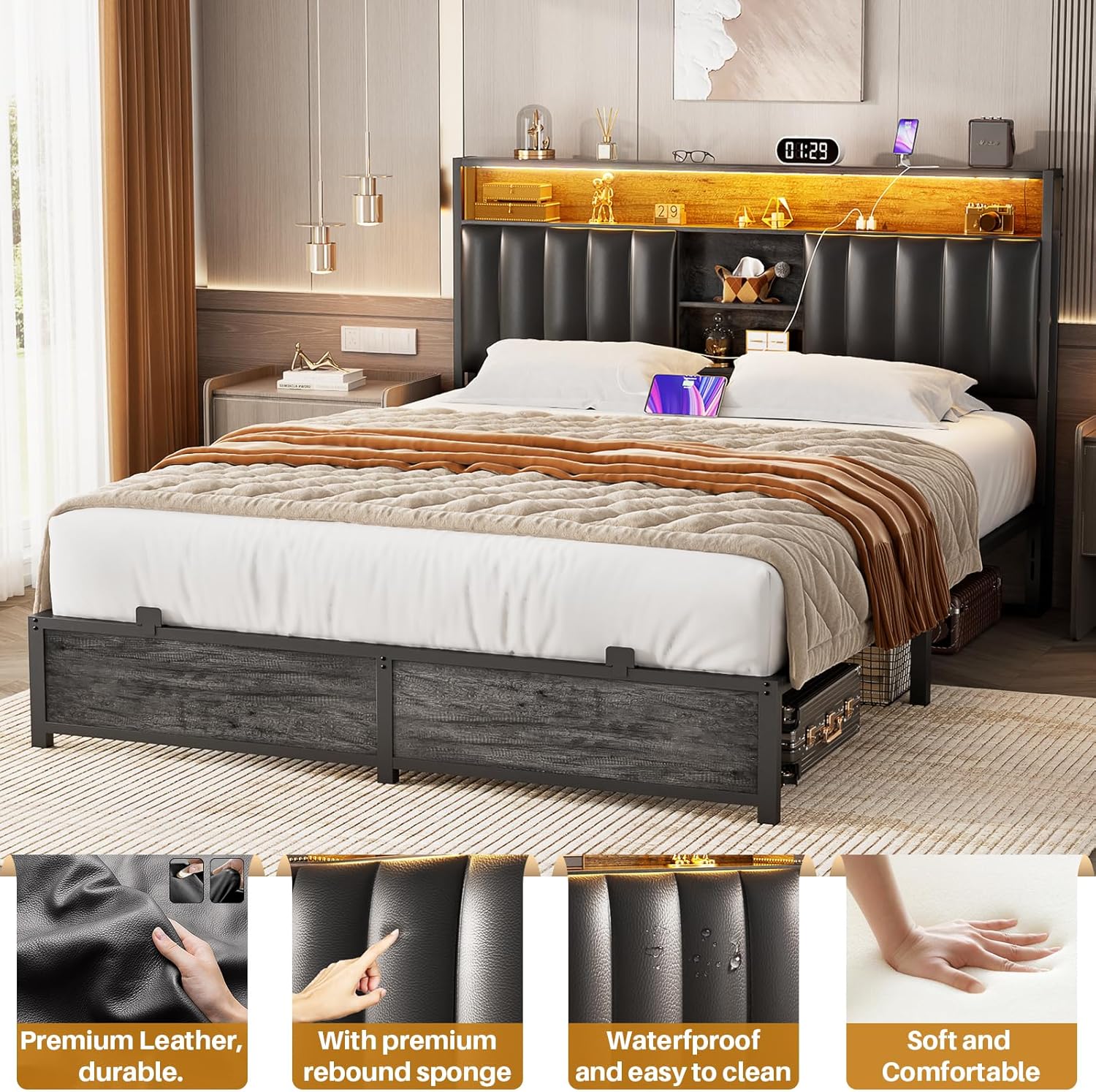 Aheaplus Queen Size Bed Frame with headboard storage and LED lights, showcasing items on the shelves.