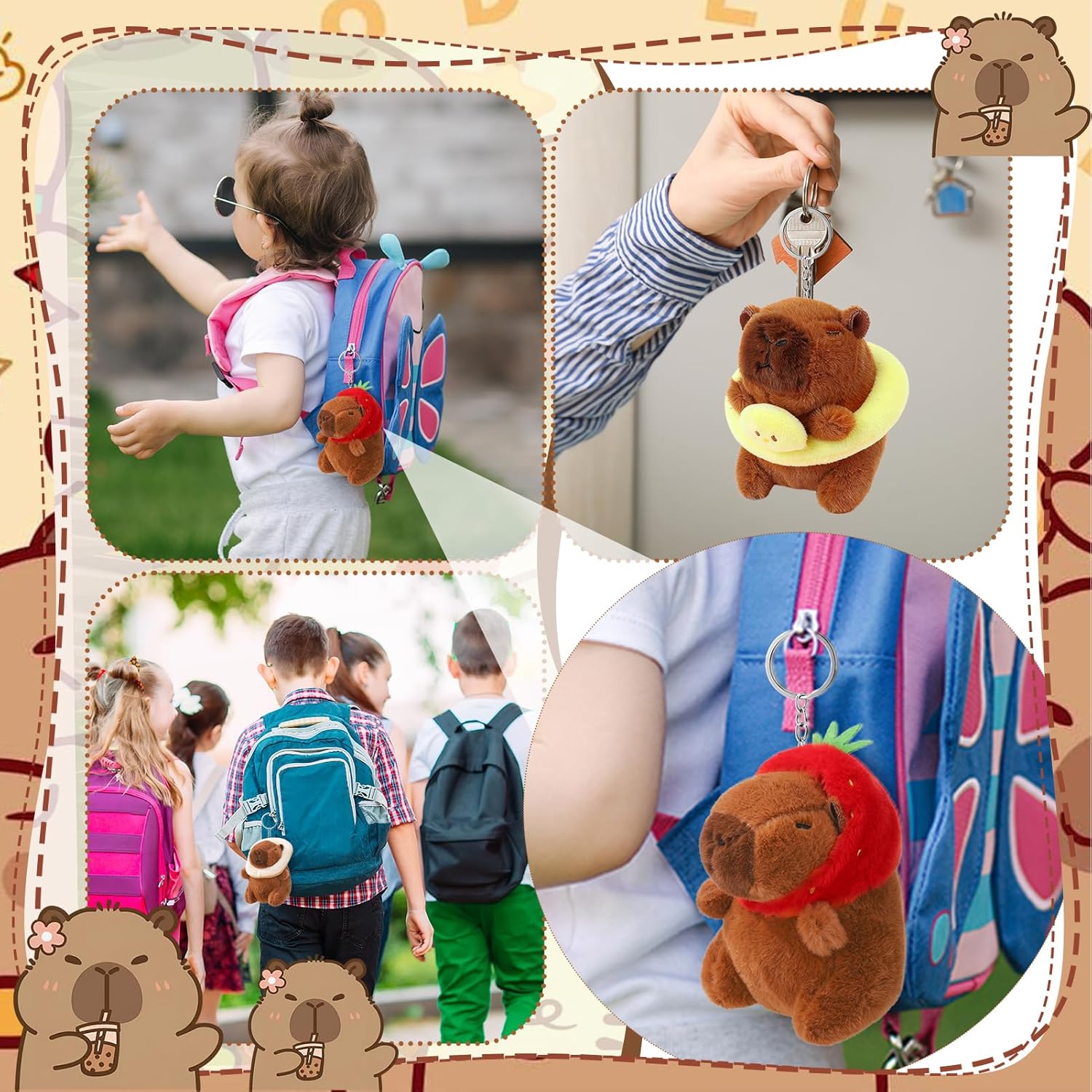 9 Piece Capybara Plush Keychain Set, Cute Animal Keychains Outfits for Backpack Gifts - Image 5