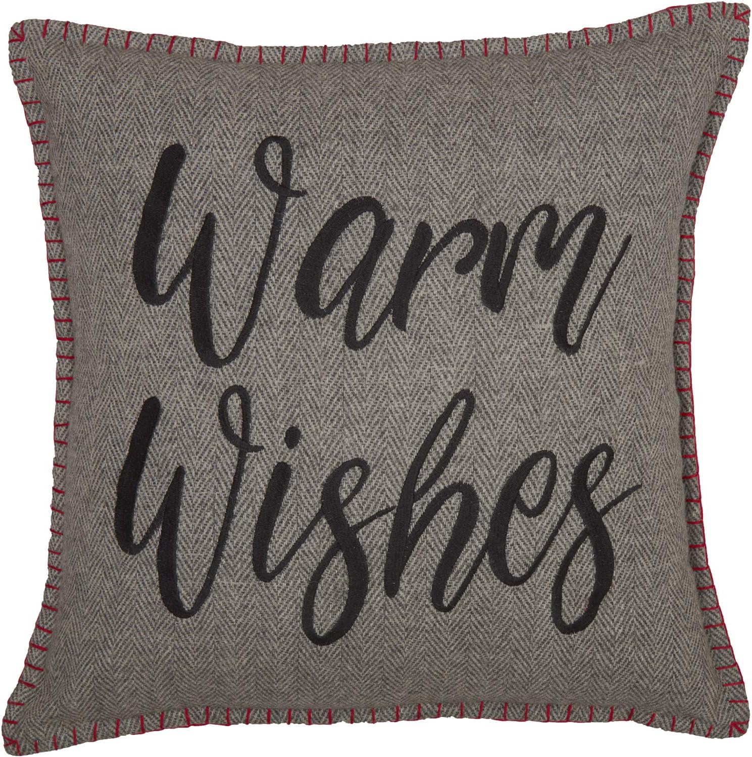 VHC Brands Anderson Warm Wishes Text Textured Felt Rustic Christmas Decor Embroidered Whipstitch Square 18x18 Filled Pillow, Cherry Red