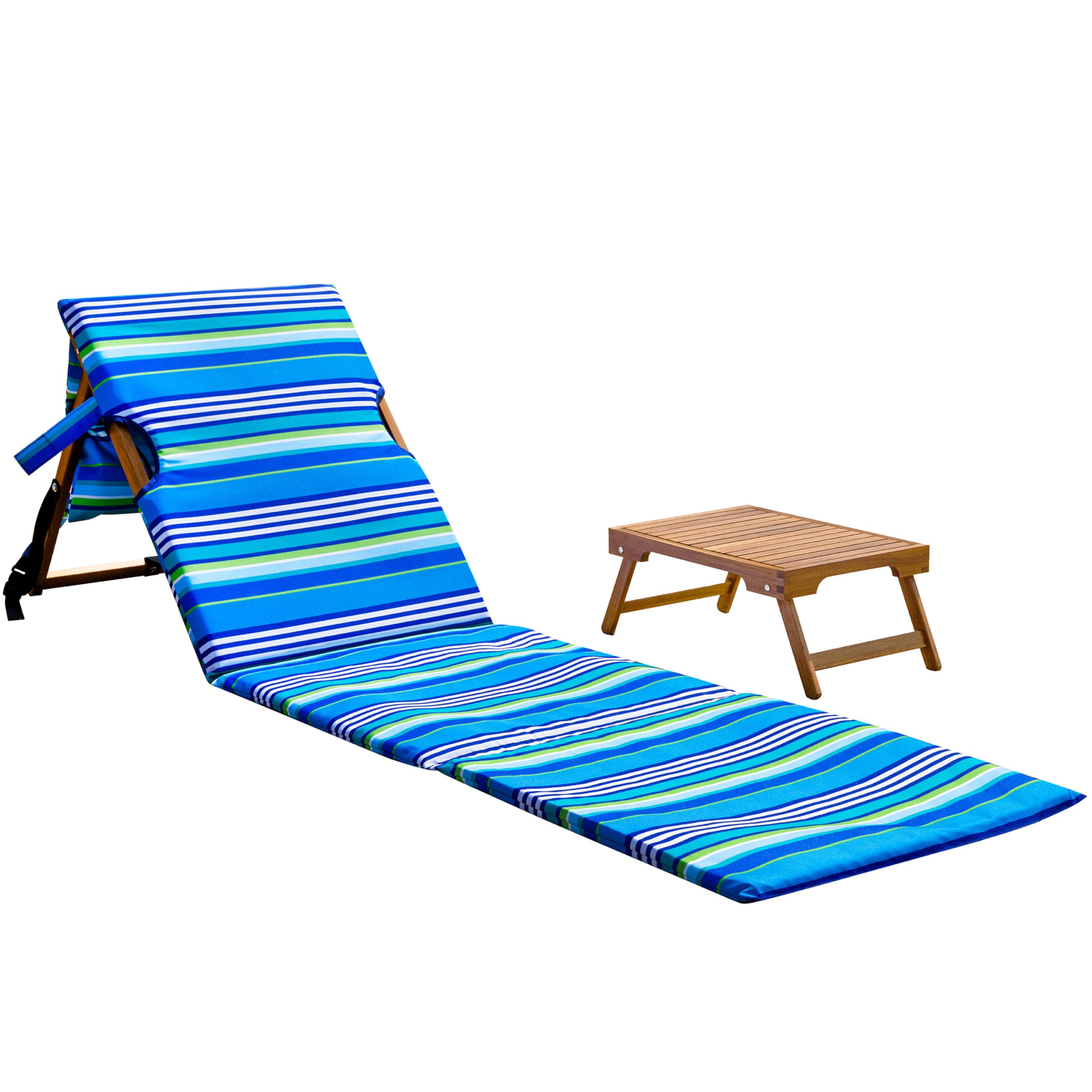 Melino Portable Beach Mat Lounge Chair and Wooden Table – Heavy Duty Folding Lounger Backpack for Adults, Outdoor, Pool, Lawn, Patio, and Tanning, Stripe Pattern