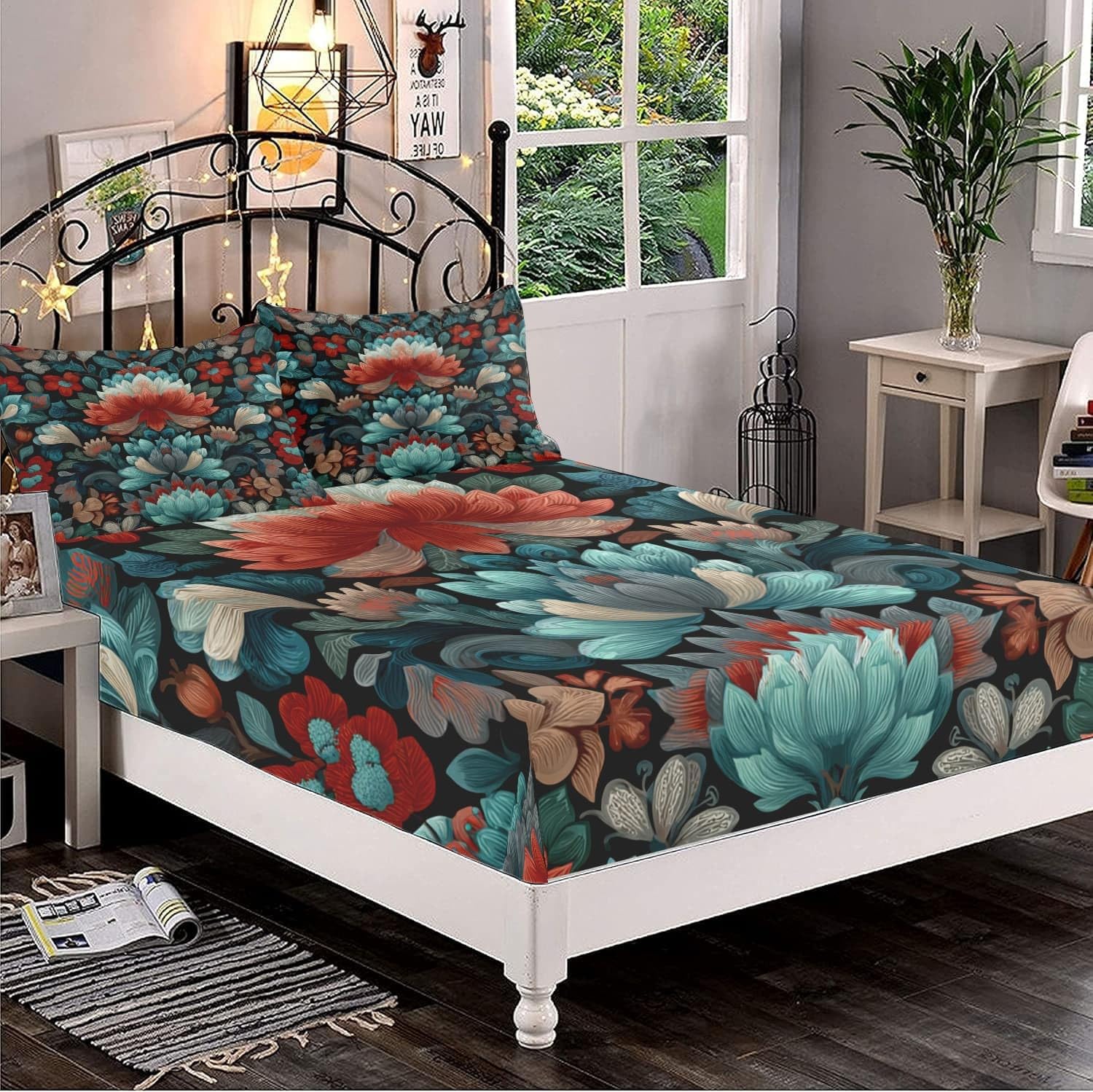 Sábana Bajera Ajustable Elástica 200x200 cm Tradicional Estampados Florales ArtíSticos Transpirable Suave Microfibra Juego de Ropa de Cama Multicolor Bolsillo Profundo 30 cm, Protector de Colchón