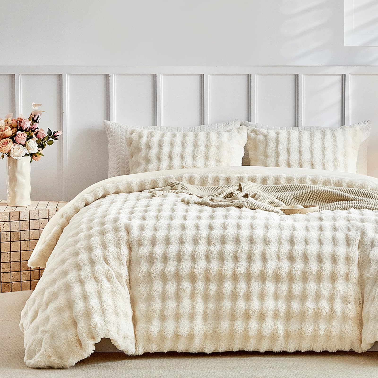 lekesky Fluffy Faux Fur Duvet Cover King Size with 2 Pillowcases, Beige