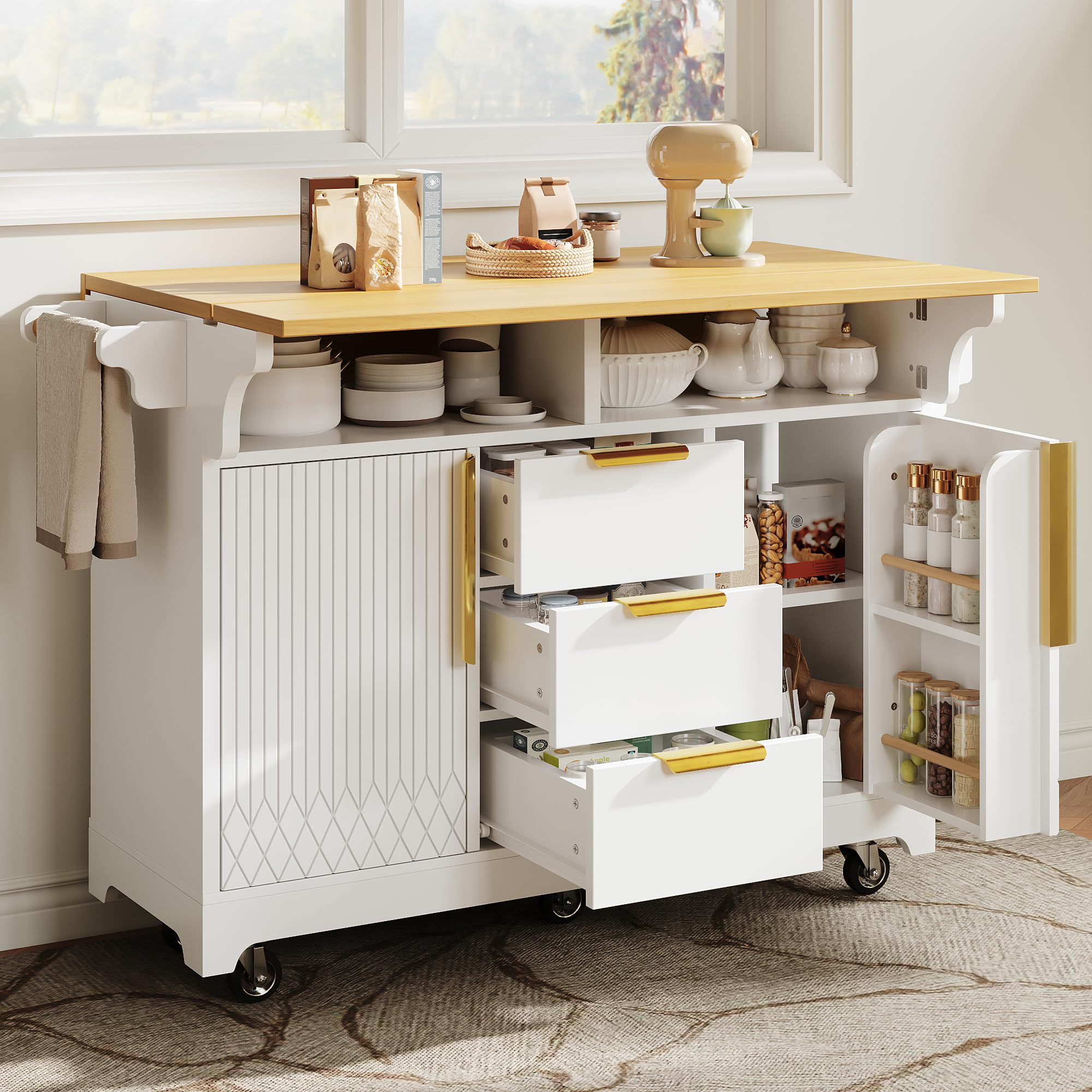 Isola da cucina multifunzionale con estensione tavolo da pranzo, ante con motivo verticale, ampio spazio di archiviazione con cassetti, piano pieghevole su entrambi i lati, su rotelle, bianco