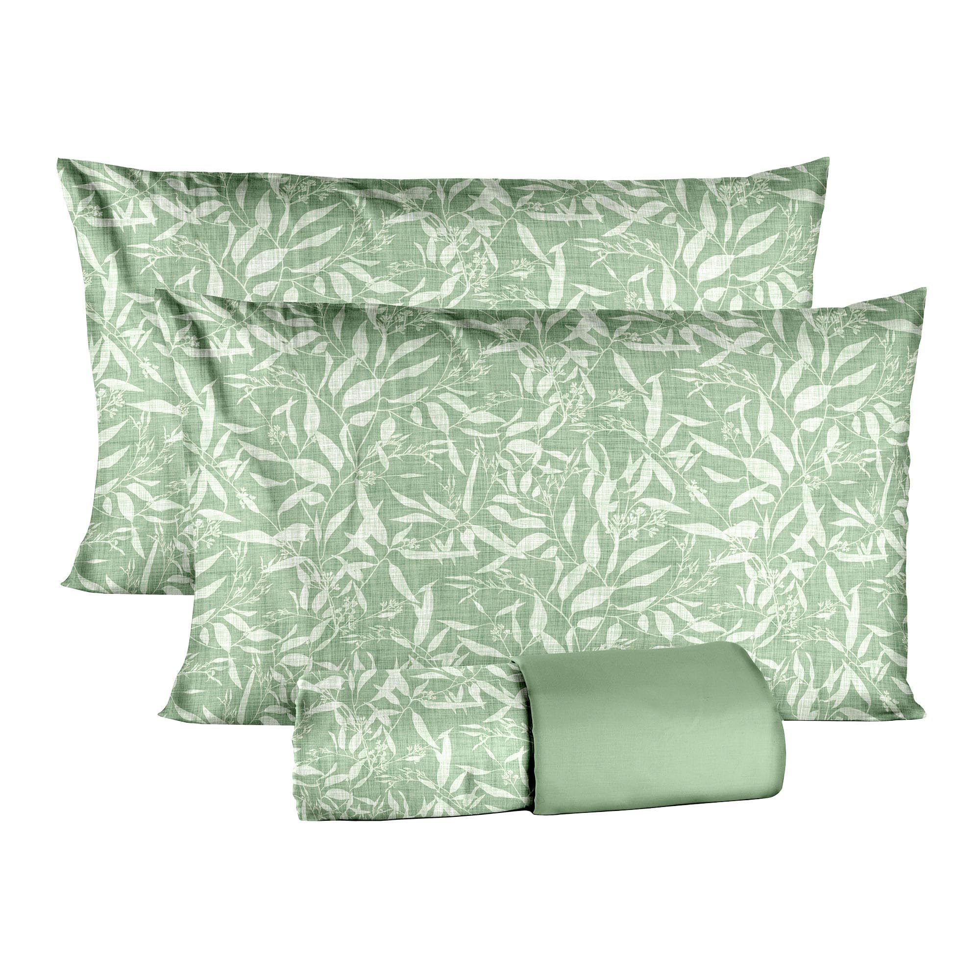 Ruggeri - Completo Letto - 100% Morbida Microfibra di Alta Qualità | 2 Federe + 1 Lenzuolo con Angoli + 1 Lenzuolo Sopra - Collezione Everyday (Foglie Verdi, Matrimoniale)
