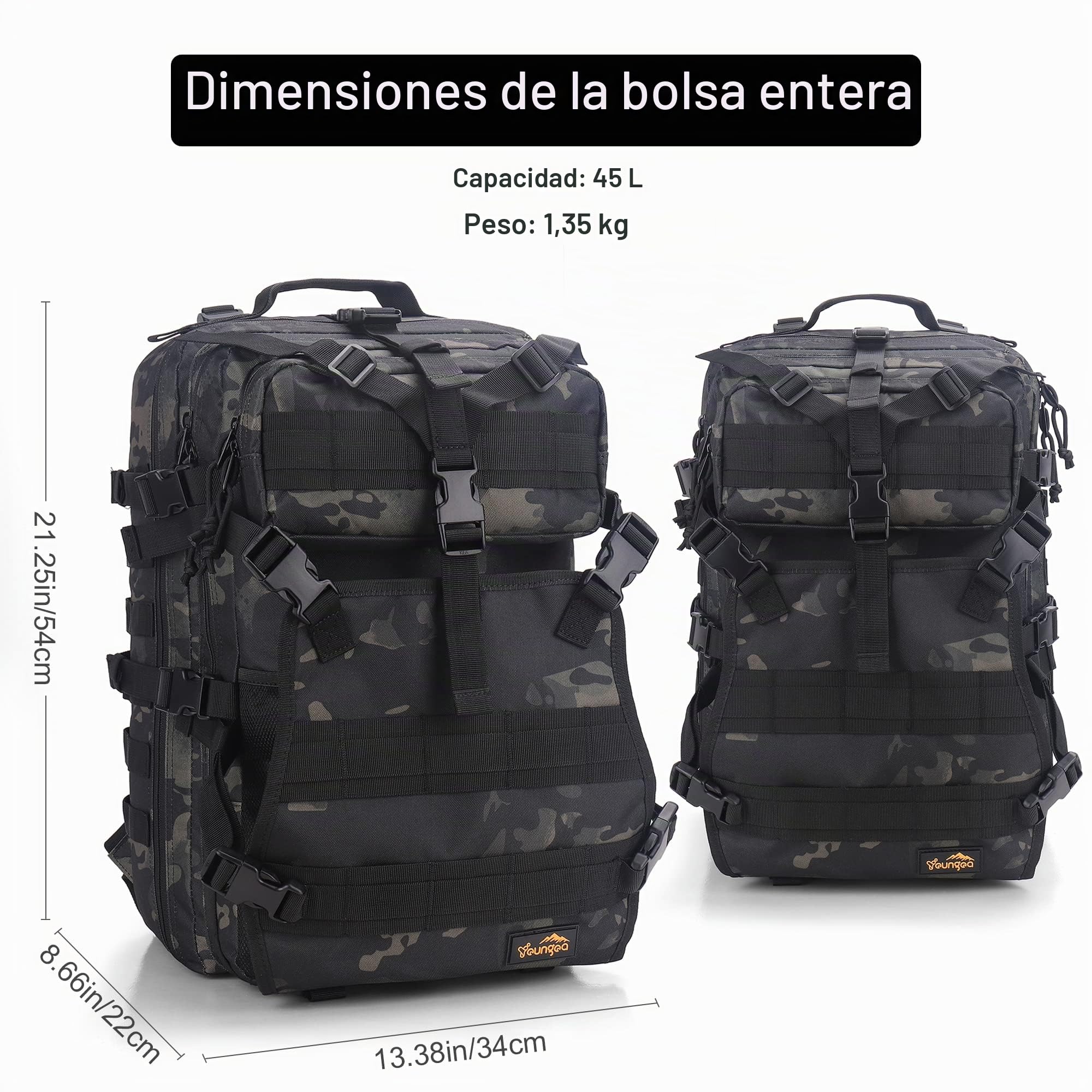 Mochila Moto Hombre, Mochila Militar Tactica 45L, Negra Impermeable Bolsa Casco Moto, Portátil Mochila Trekking para Supervivencia, Acampada