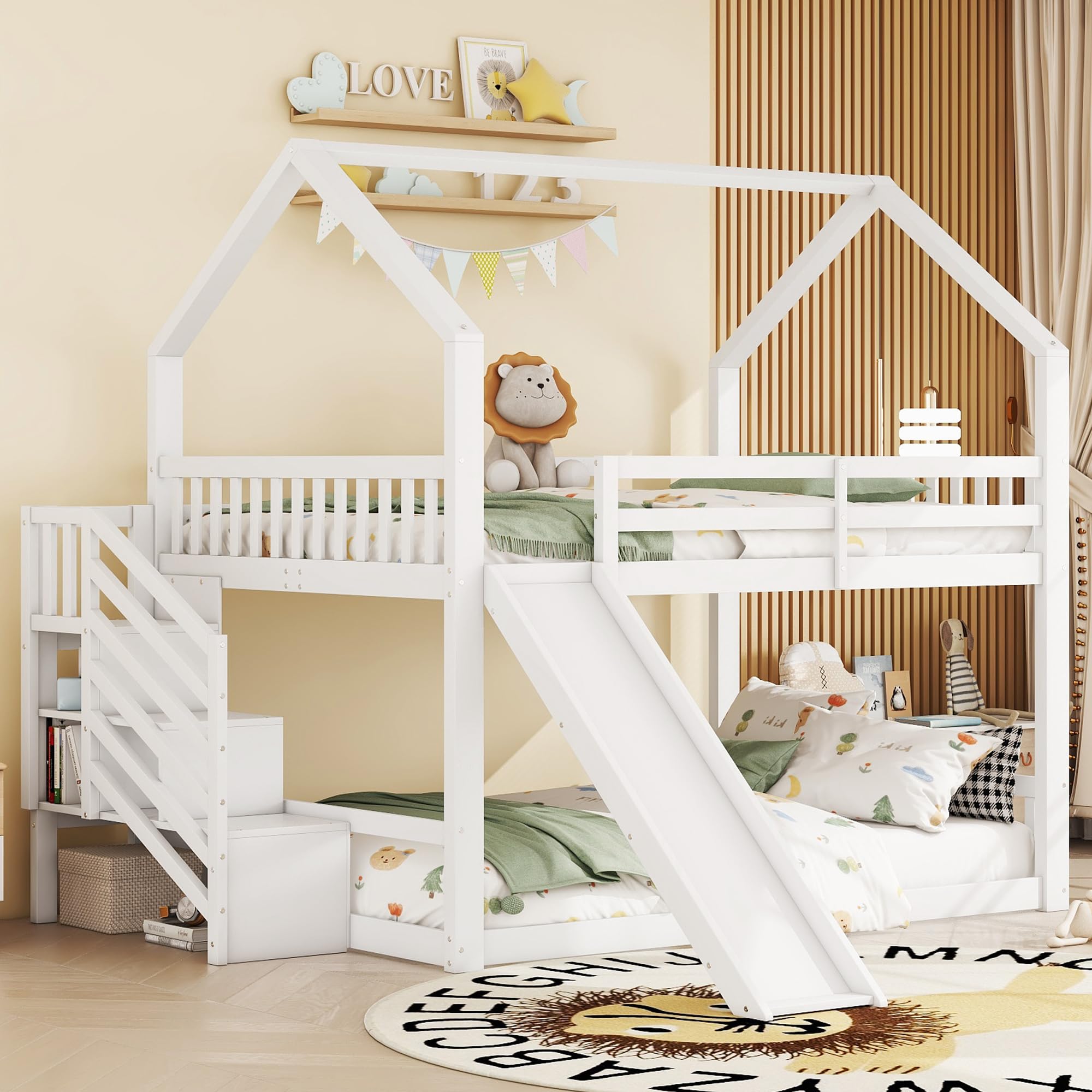 YESGIGA 140x200cm Etagenbett mit Stauraumtreppe und Rutsche, Hausbett, Kinderbett mit Geländer, geeignet für Kinder, Jugendliche (Weiß)