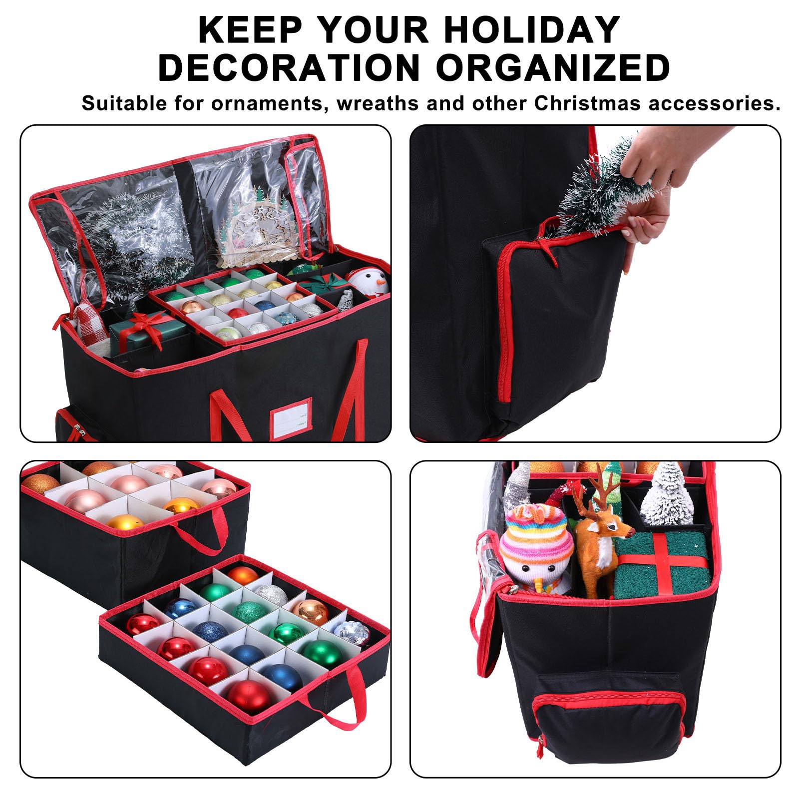 Weihnachtskugeln Aufbewahrung, Aufbewahrungsbox für Weihnachtskugeln mit Deckel, Large Pocket, 600D Oxford-Gewebe, 5 Tabletts, Doppelreißverschluss (Rot,71x31x45cm)