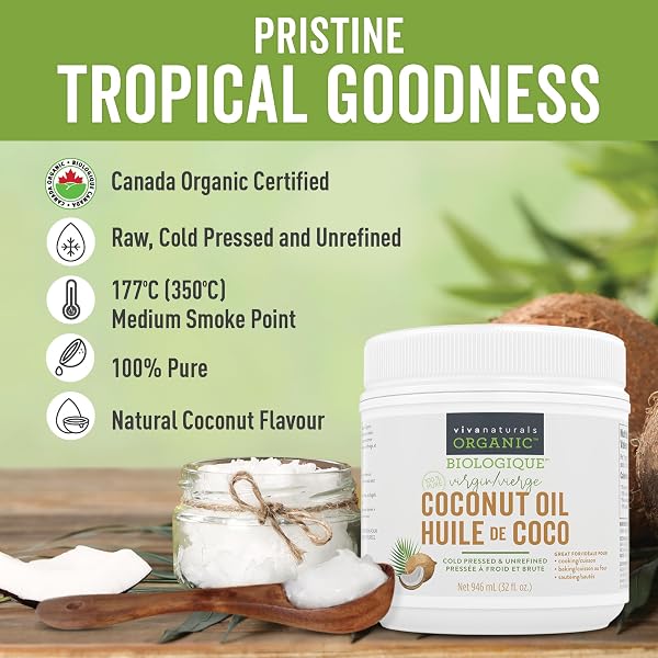 Viva Naturals Organic Virgin Coconut Oil, 32 fl oz (946 mL) – Coconut Oil for Hair, Skin, Cooking & Baking – Cold-Pressed, Unrefined & Non-GMO – Keto & Paleo Certified – BPA-Free Jar - 3