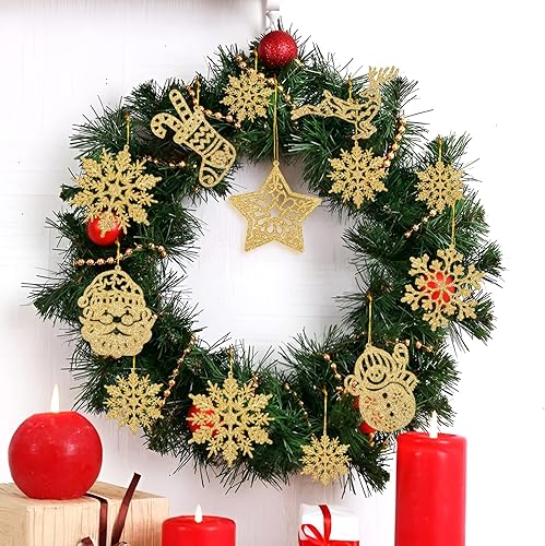 Miniatura 5 de Juego de 42 decoraciones para árbol de Navidad, adornos colgantes con purpurina dorada, copo de nieve, árbol de Navidad, muñeco de nieve, reno, Papá