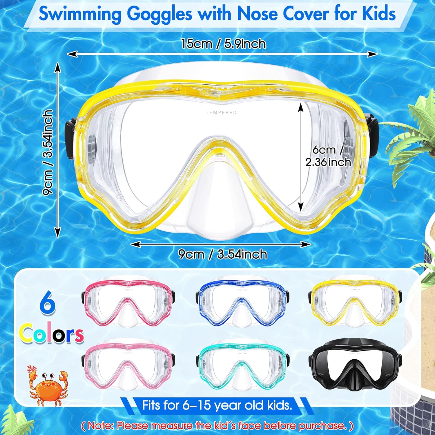 6 Pcs Kids Goggles with Nose Cover Swimming Goggles for Kids 6-14 Snorkel Swim Mask Tempered Glass Scuba Diving Mask Anti Fog 180° Clear View (Classic Color)