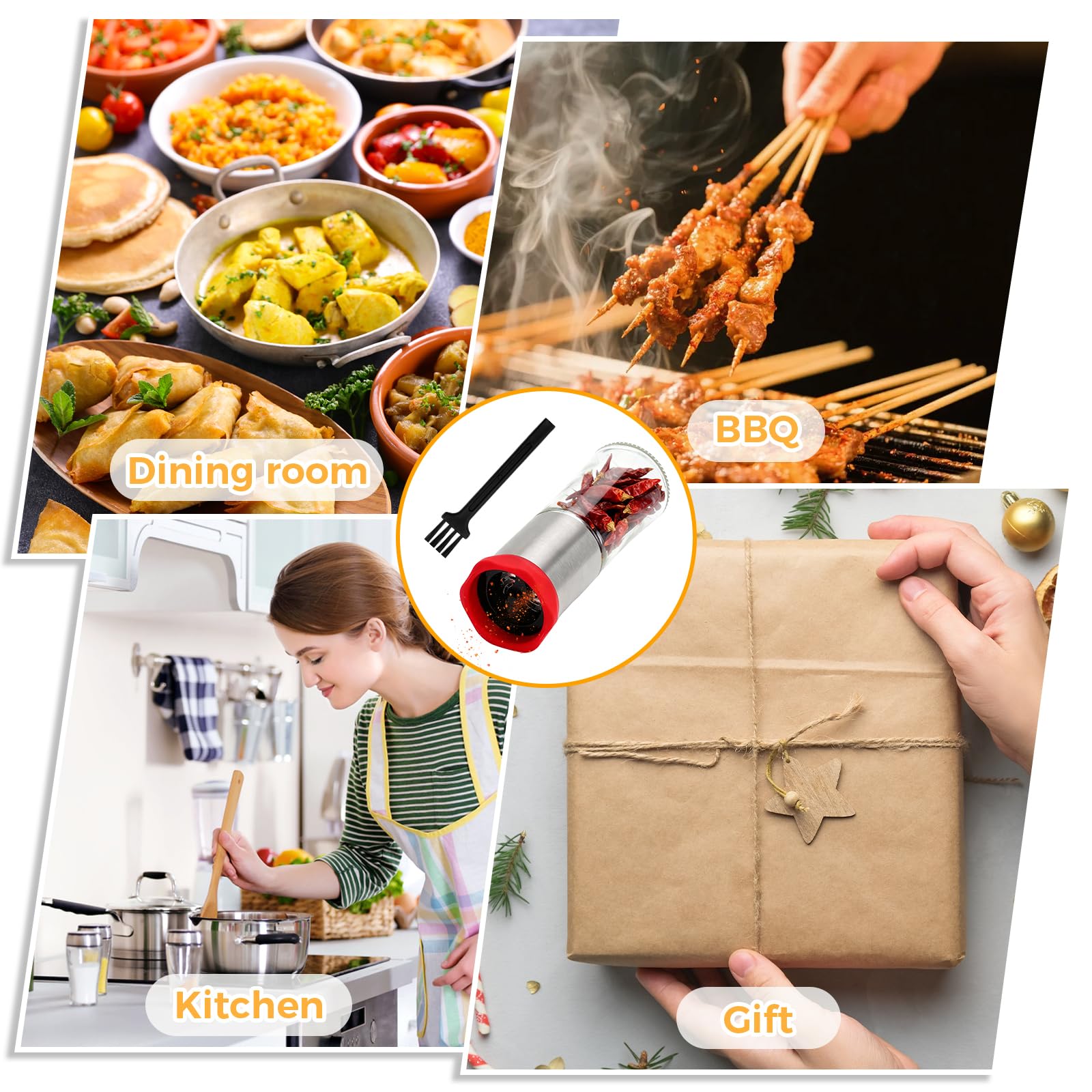 Moulin à Épices Inox avec 1 Brosse, 150ml Moulin Manuel en Verre Transparent, Broyeur Inox Réglable pour Piment, Poivre, Herbes Séchées, Graines, pour Cuisine et Barbecue