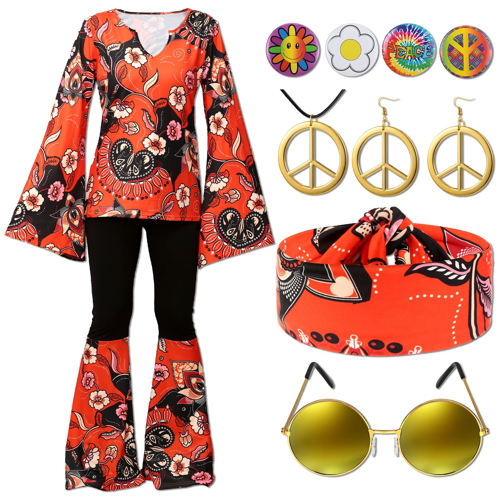 Jiuguva17Pcs 60s 70s Outfits for Women Hippie Costume Set Disco Outfit Dress Boho Flared Pants Hippie Shirt Headband