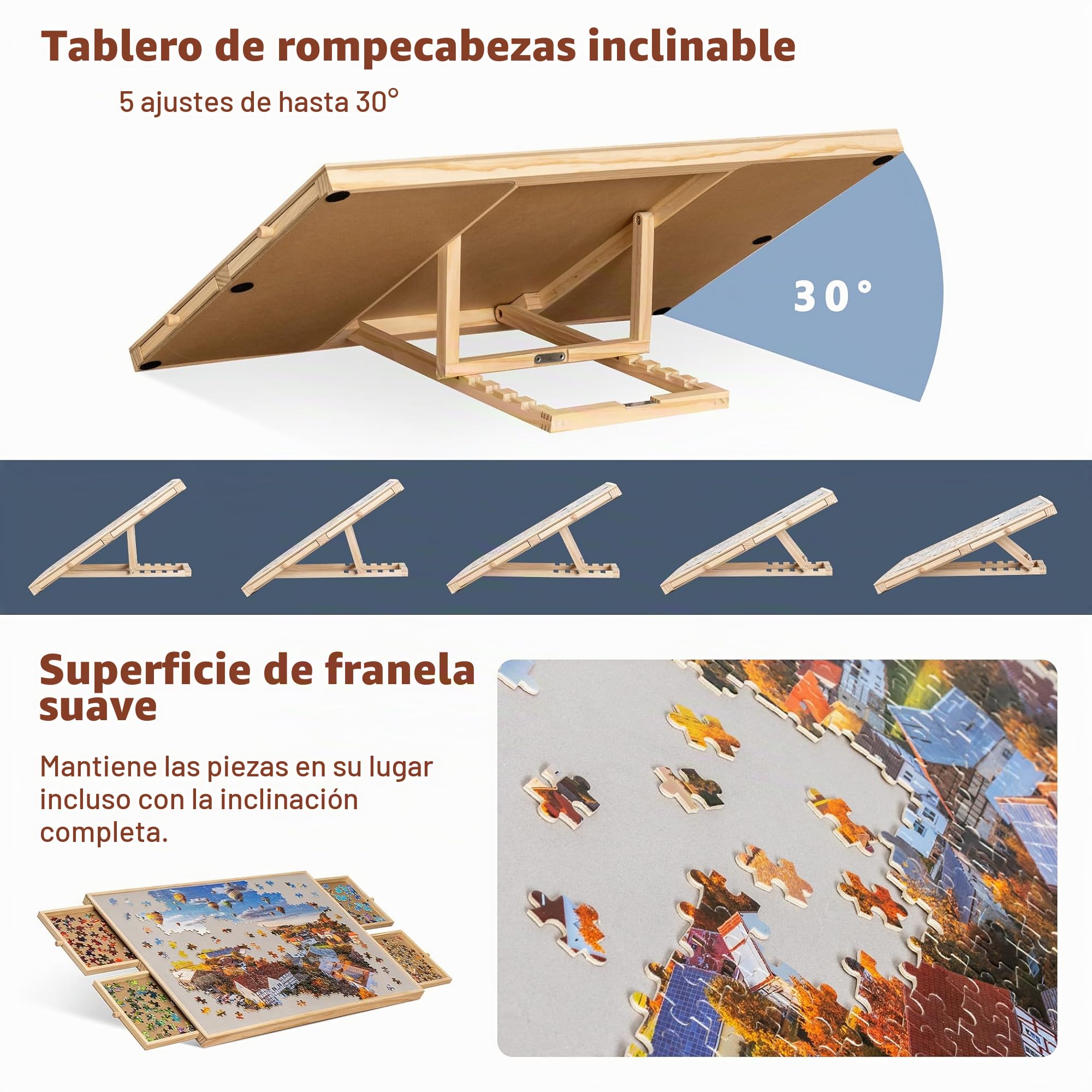 Becko US Tablero de rompecabezas inclinable de 1000 piezas a partir de 3 años con 4 cajones y cubierta coloridos, mesa de rompecabezas ajustable con caballete/soporte integrado, mesas portátiles con