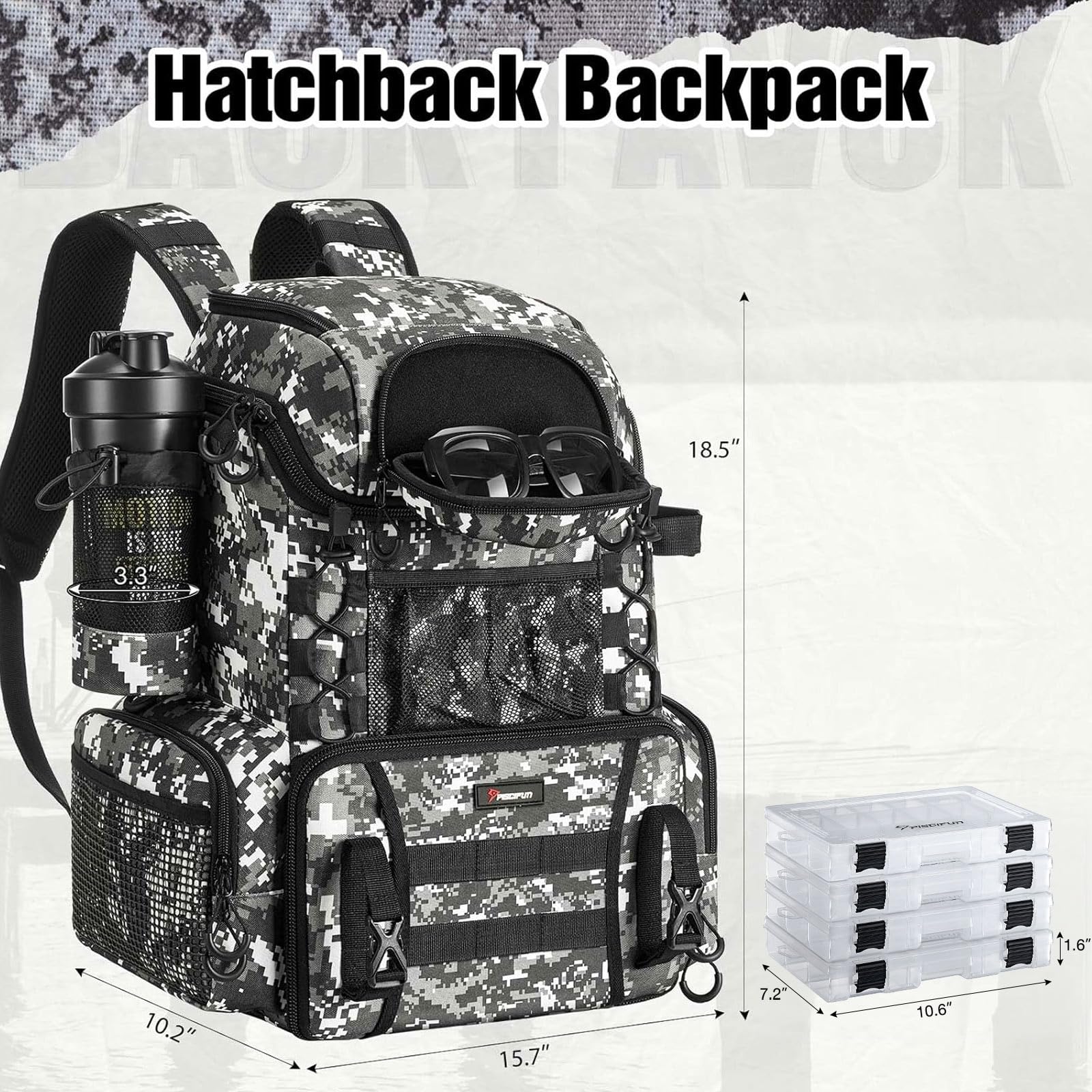 Piscifun Angelausrüstungsrucksack mit 4 Tackle-Boxen, Rutenhalter, wasserdichter Regenschutz, Flaschenhalter, 27 l großer Stauraum, wasserdichte Angelausrüstungstasche für Angelausrüstung, Camping,