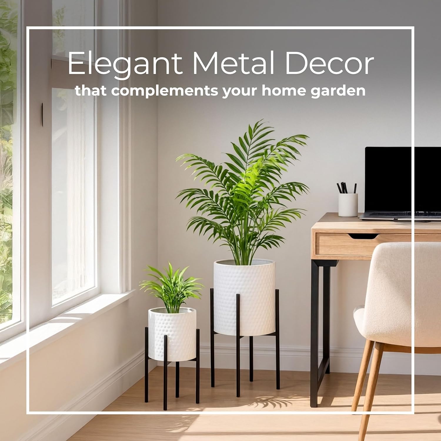 Decorative Flower Pots with Metal Stand for Home Decor - Modern Planters for Hallway, Entryway, and Living Room Decor - Indoor and Outdoor Pots for Plants - Set of 2, 23", 19", White & Black