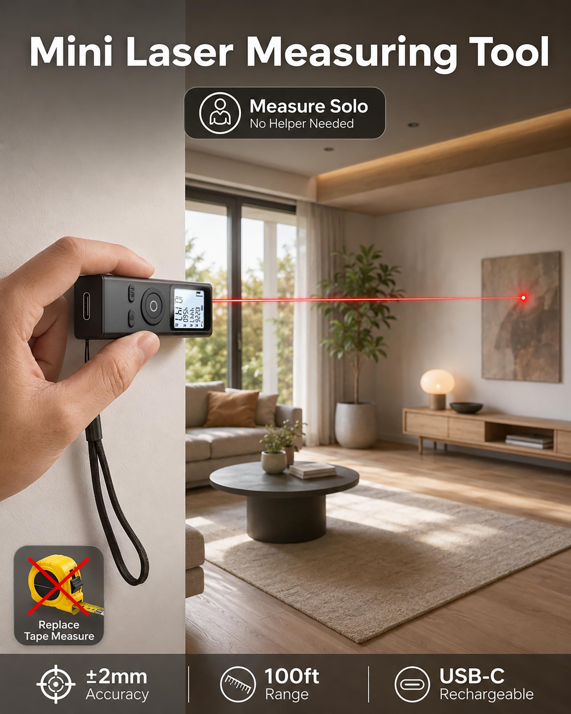 Cooper Ray Mini Laser Measuring Tool, Pocket Size Laser Tape Measure — Amazon image 2