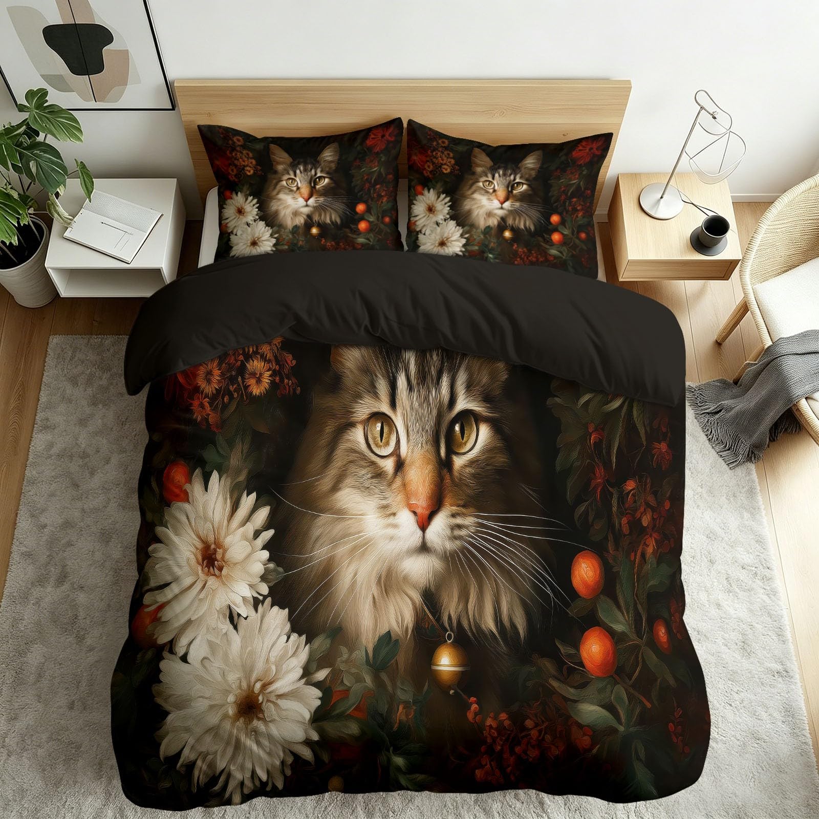 Housse de couette chaton et fleurs 220x240 cm avec ses 2 taies d'oreiller lit King en microfibre noir
