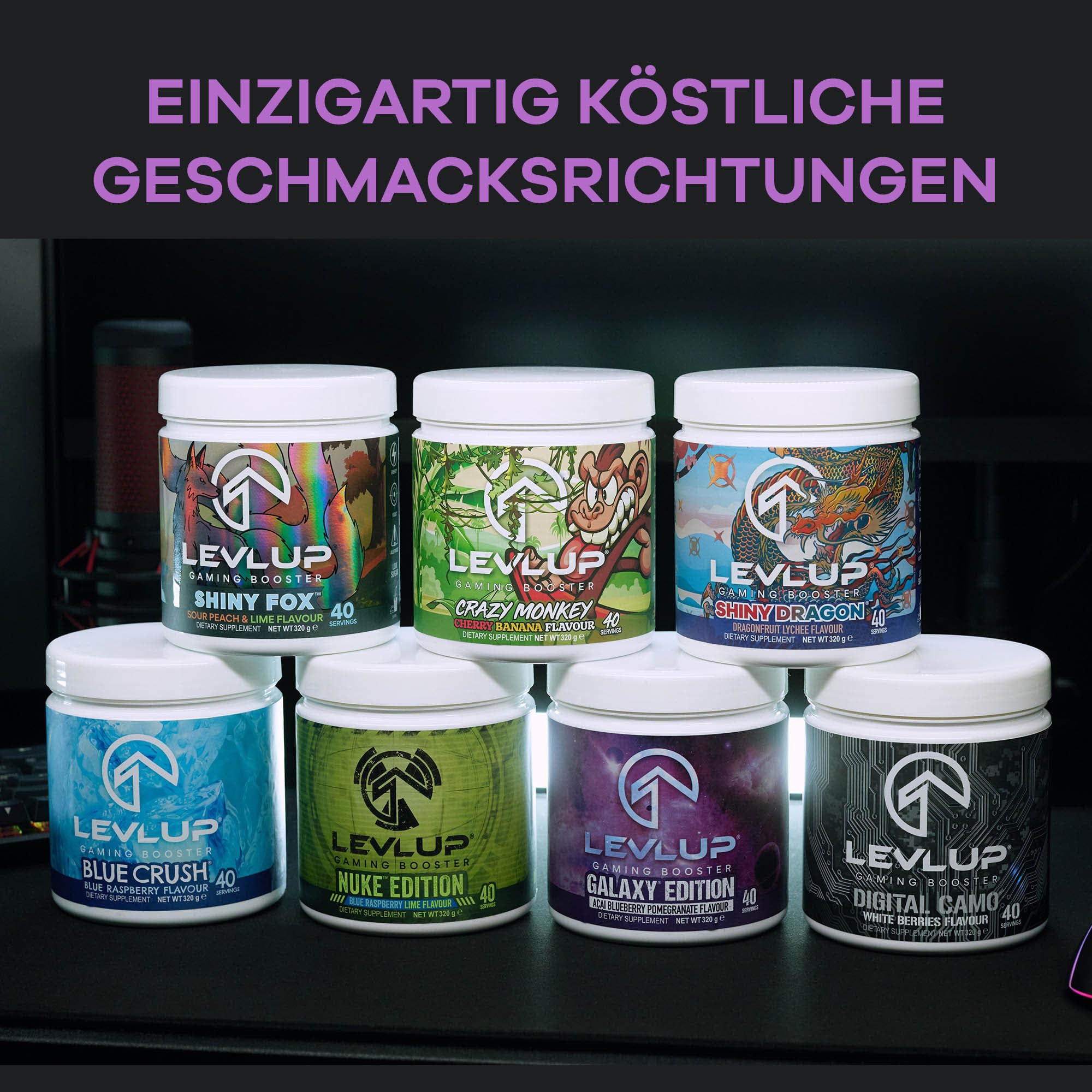 LevlUp Galaxy Edition Gaming Booster - Energy Drink für Gamer - Mit Taurin, Koffein, L-Tyrosin, Vitamin B12 - Açaí, Heidelbeere und Granatapfel - 320g - 40 Portionen