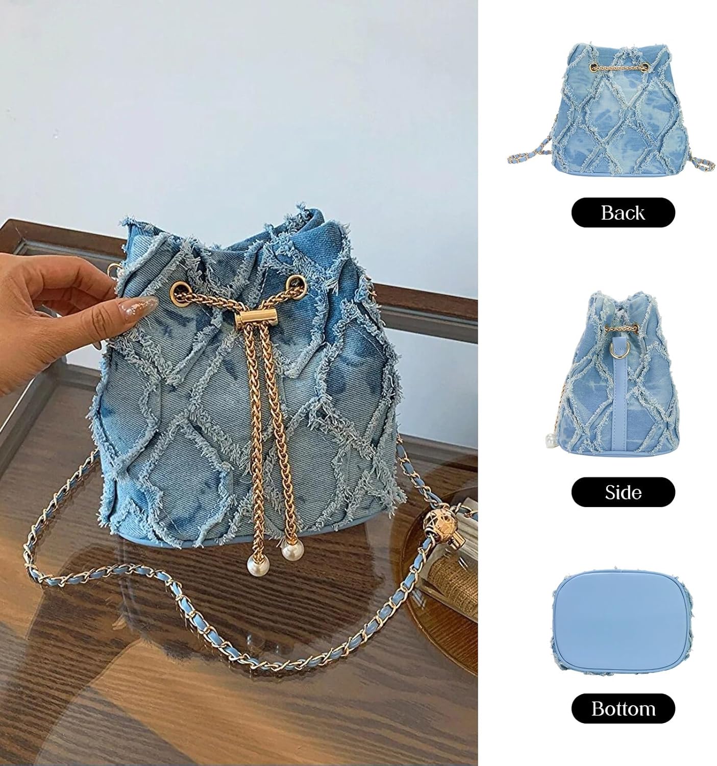Small Denim Bucket Bag for Women, Quilted Jean Drawstring Purse with adjustable & detachable Strap,Stylish Shoulder Handbag - Image 2