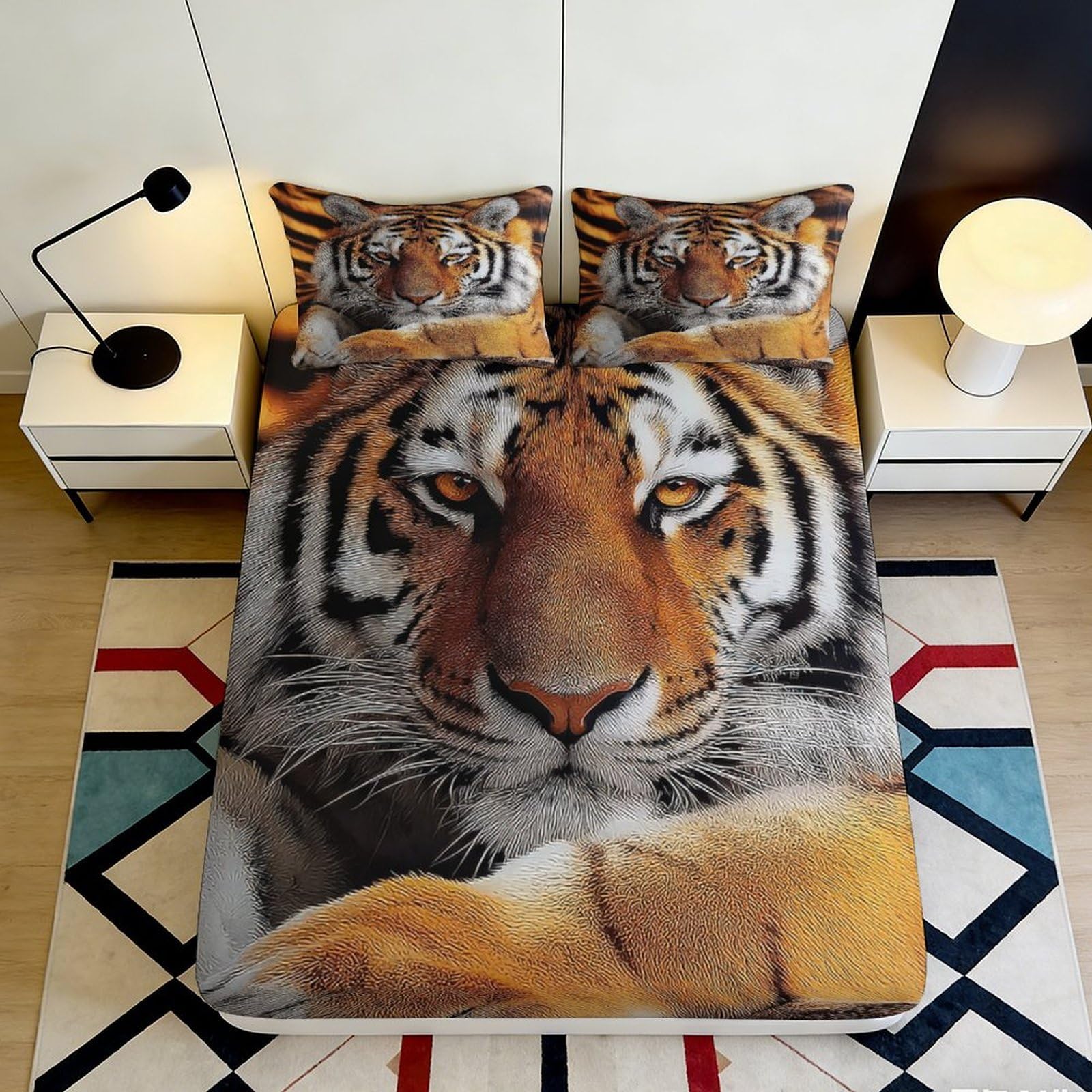 3D Printed Tiger Face Fitted Sheet Microfiber Soft Durable 3D Printed Bengal Tiger Mattress Cover for Bedroom Dormitory Guest Room Protection 140x200x25cm