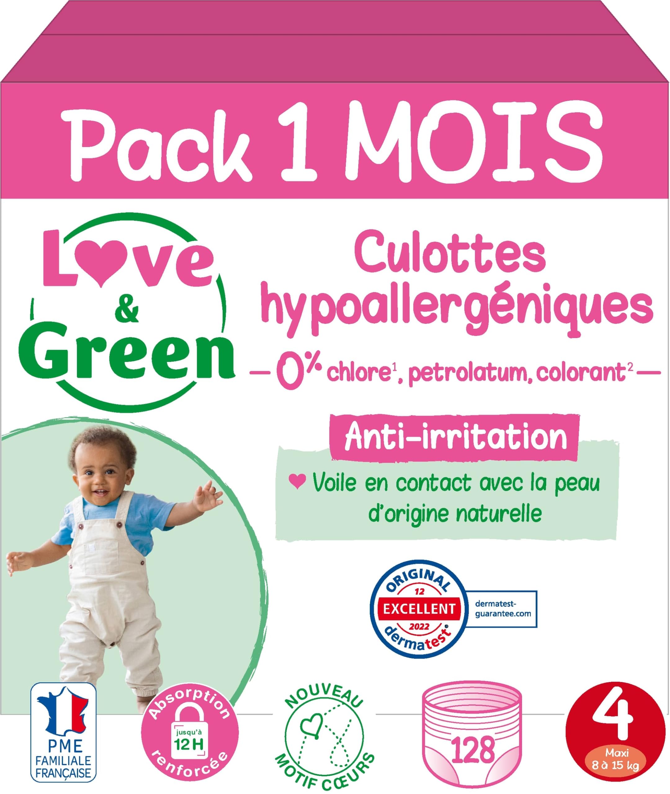 Love & Green - Mutandine ipoallergeniche ed ecologiche T4 x 32 - Velo di origine naturale, cintura elastica confortevole, fino a 12 ore di assorbimento