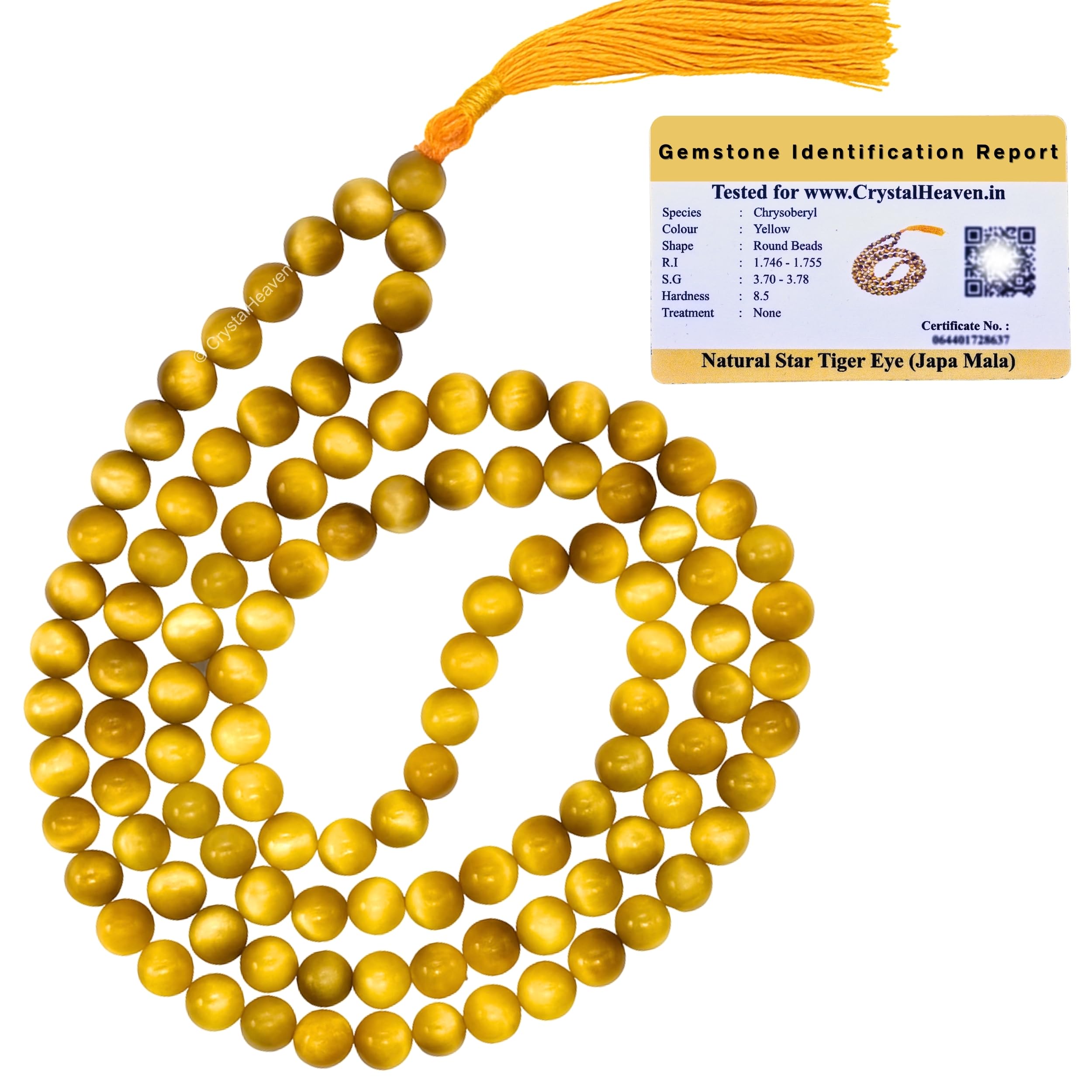 Certified Yellow Cat's Eye Crystal Japa Mala Saadi - 108 Beads Buddhist Prayer Beads - AAA Grade Original Healing Gemstone Agate Mala for Yoga Meditation Spiritual Reiki Feng Shui