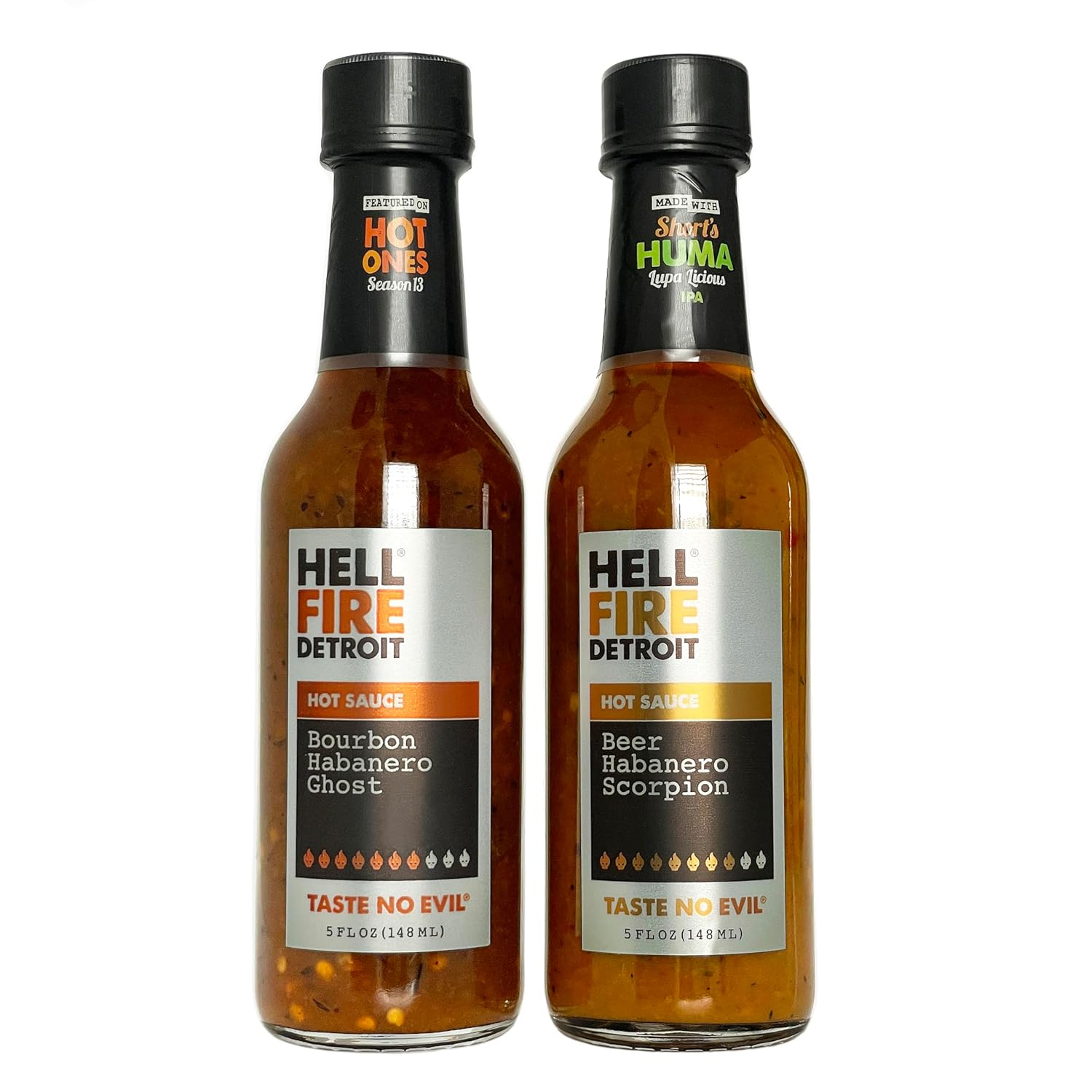 Hell Fire Detroit Hot Box #1 Gift Box (Mild, Medium, Hot, Extra Hot), Crafted with Fresh, Fire-Roasted Poblano, Cherry Bomb, Manzana, and Habanero Chile Peppers, All-Natural, Vegan, Gluten-Free, Low Sodium – 4 Fl Oz (Pack of 4)