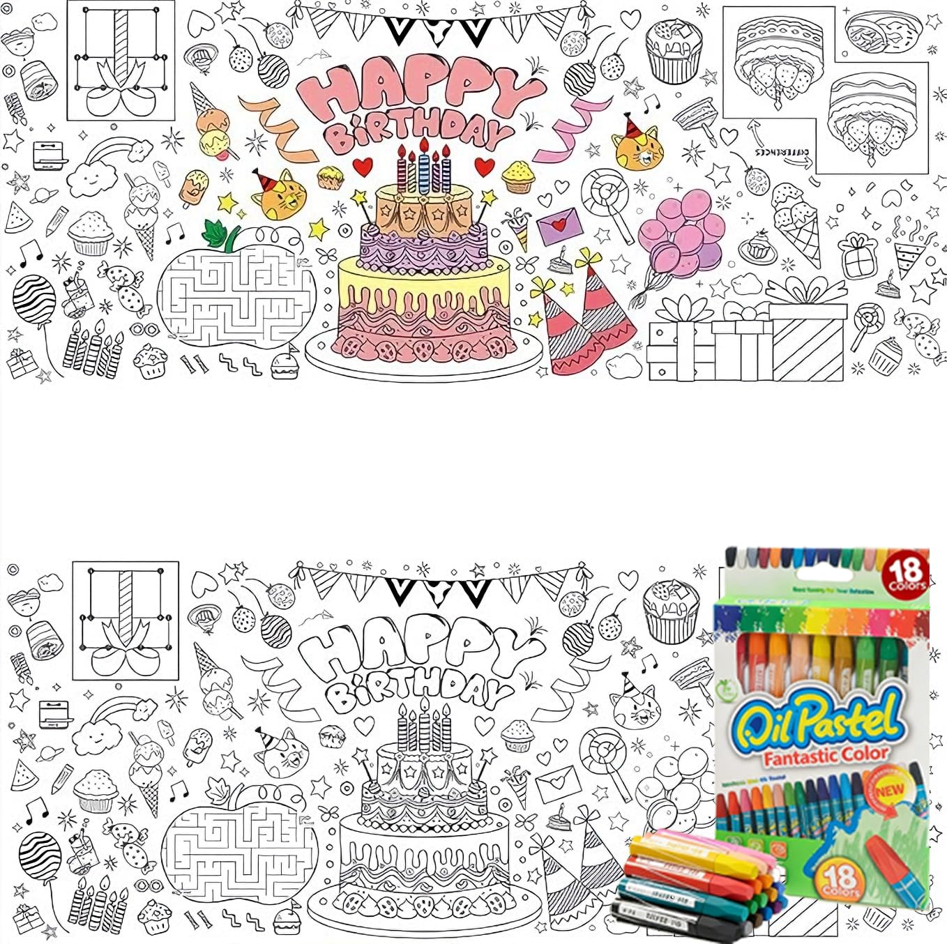 Kshgtb White Birthday Table Cloth - Extra Thick Waterproof Coloring Mat With 18 Crayons, Large 72X30 Inch Party Activity Table Cover With Maze For Creative Drawing (Cake Theme)