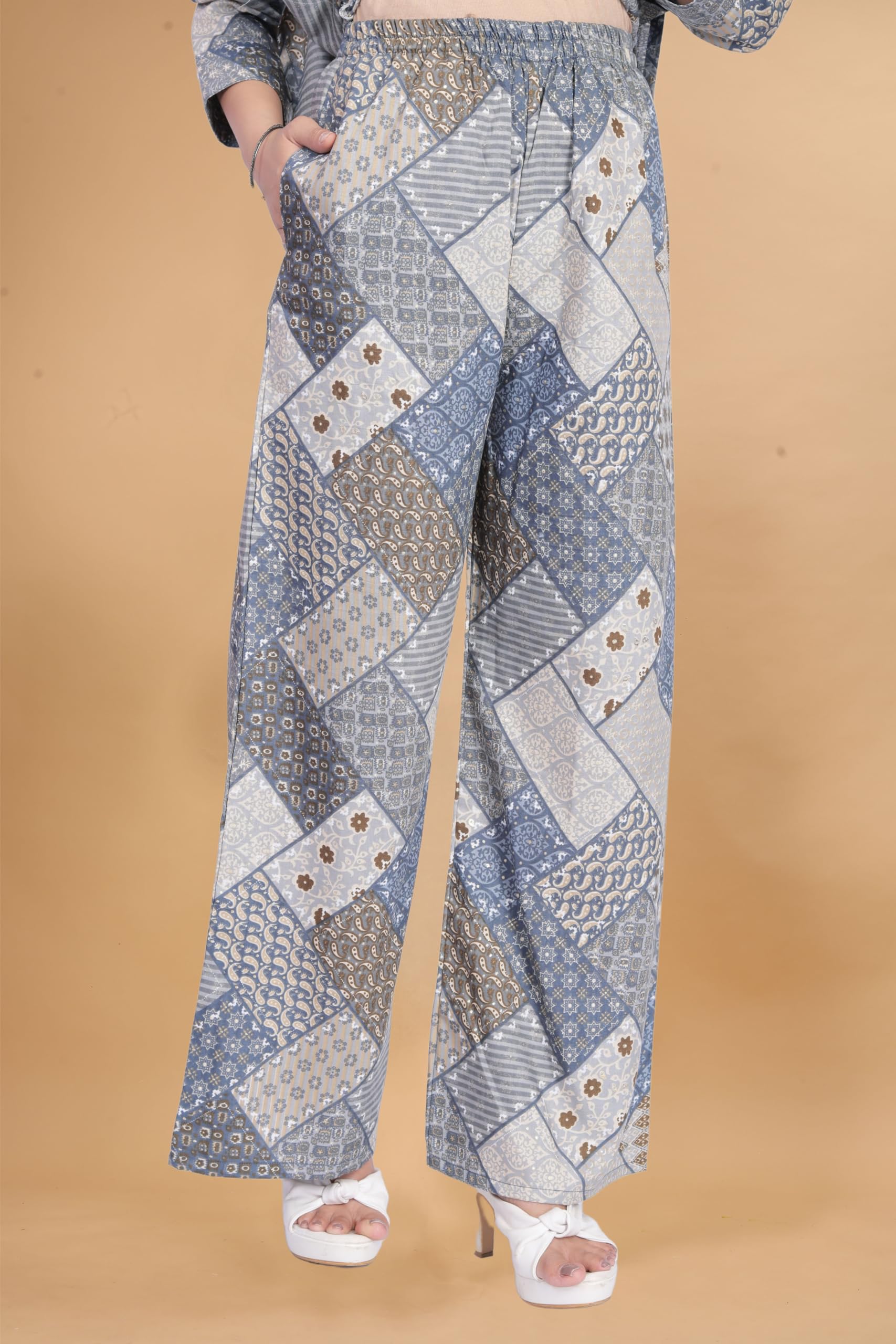 JYORICA Women’s Ready-to-Wear Muslin Cotton Co-Ord Set – 2-Piece All-Over Geometric Printed Top & Bottom – Full Front Open with Buttons, Cuffed Sleeves (IN, Alpha, 4XL, Regular, Women, Grey) 1