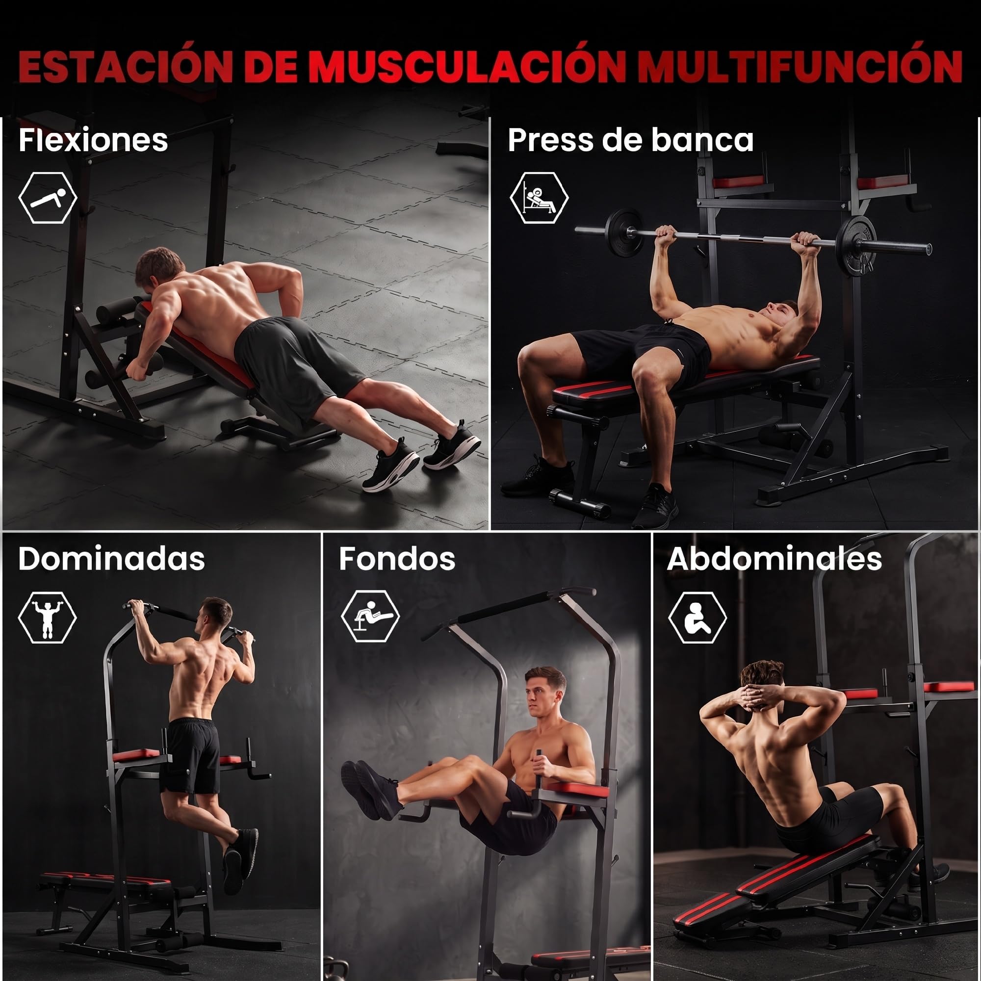 HOMCOM Estación de Musculación con Banco Plegable Altura Ajustable Rojo