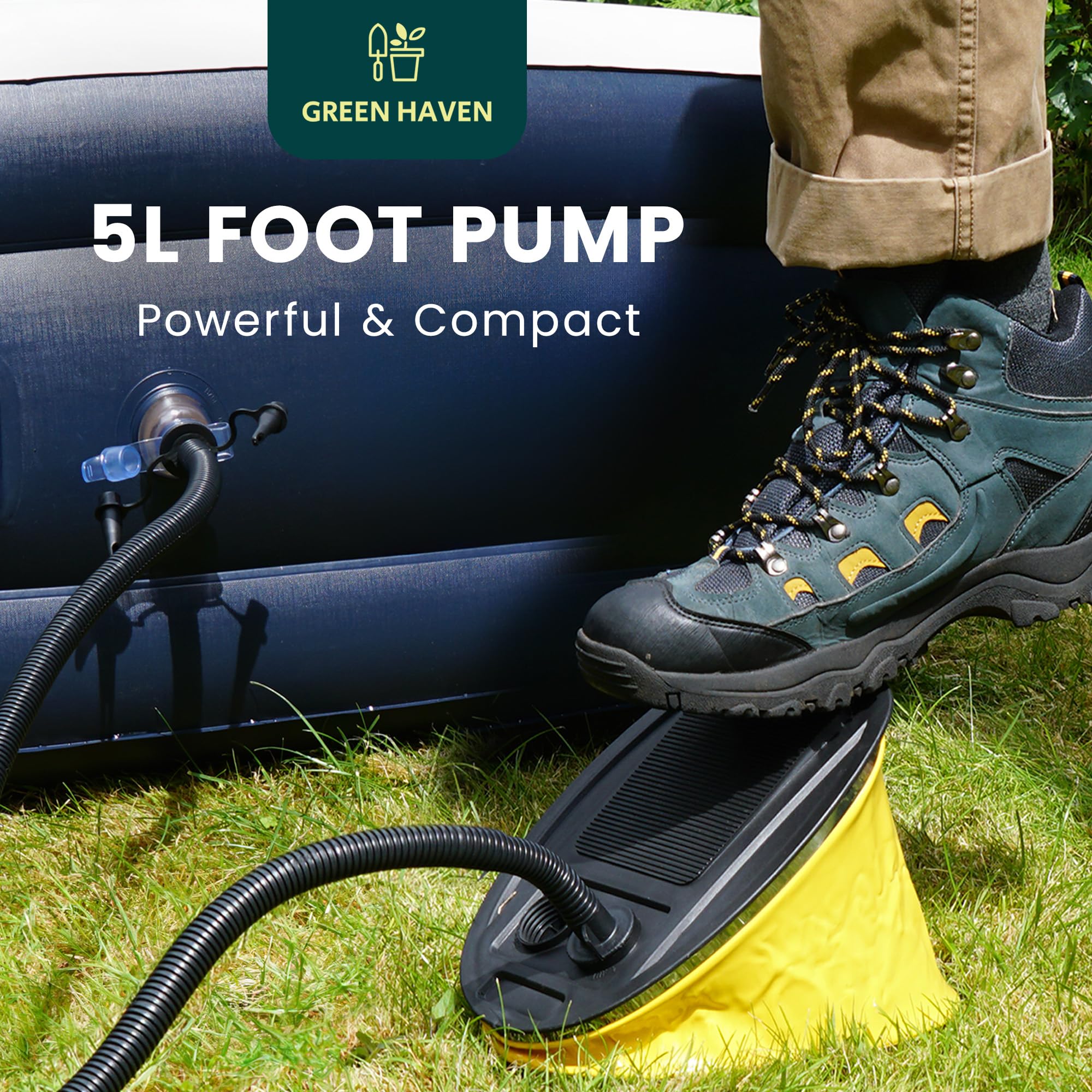 GREEN HAVEN Potente pompa a pedale da 5 litri – Pompa manuale leggera per letto ad aria, compatta per gonfiabili con 2 ugelli, robusta pompa per materasso ad aria per tutti i gonfiabili