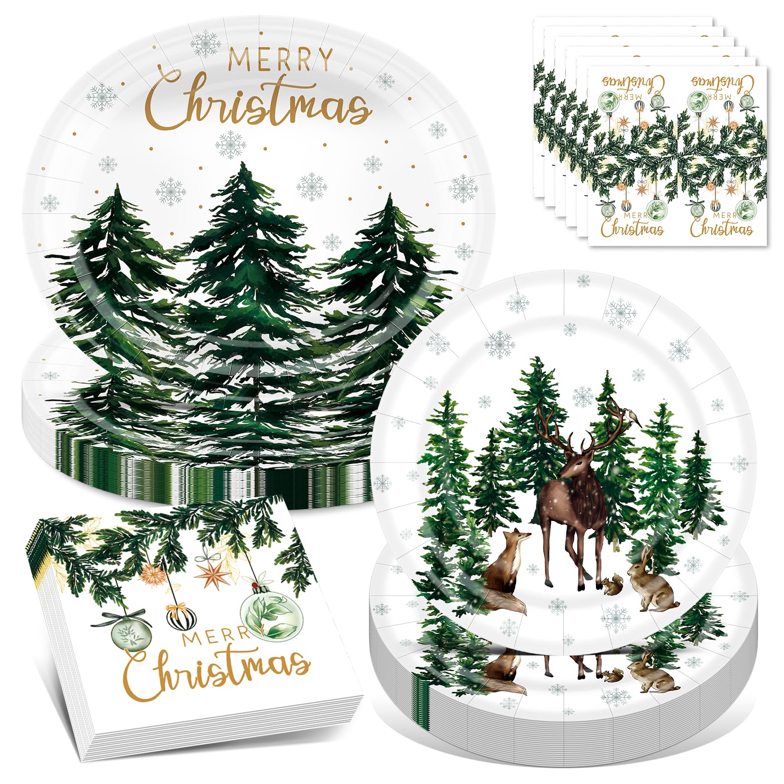 FATLBSEV 100Pcs Christmas Paper Plates and Napkins Set - Includes 10 * 12inch Oval Dinner Plates, 9inch Dessert Plate and Napkins, for Christmas Party