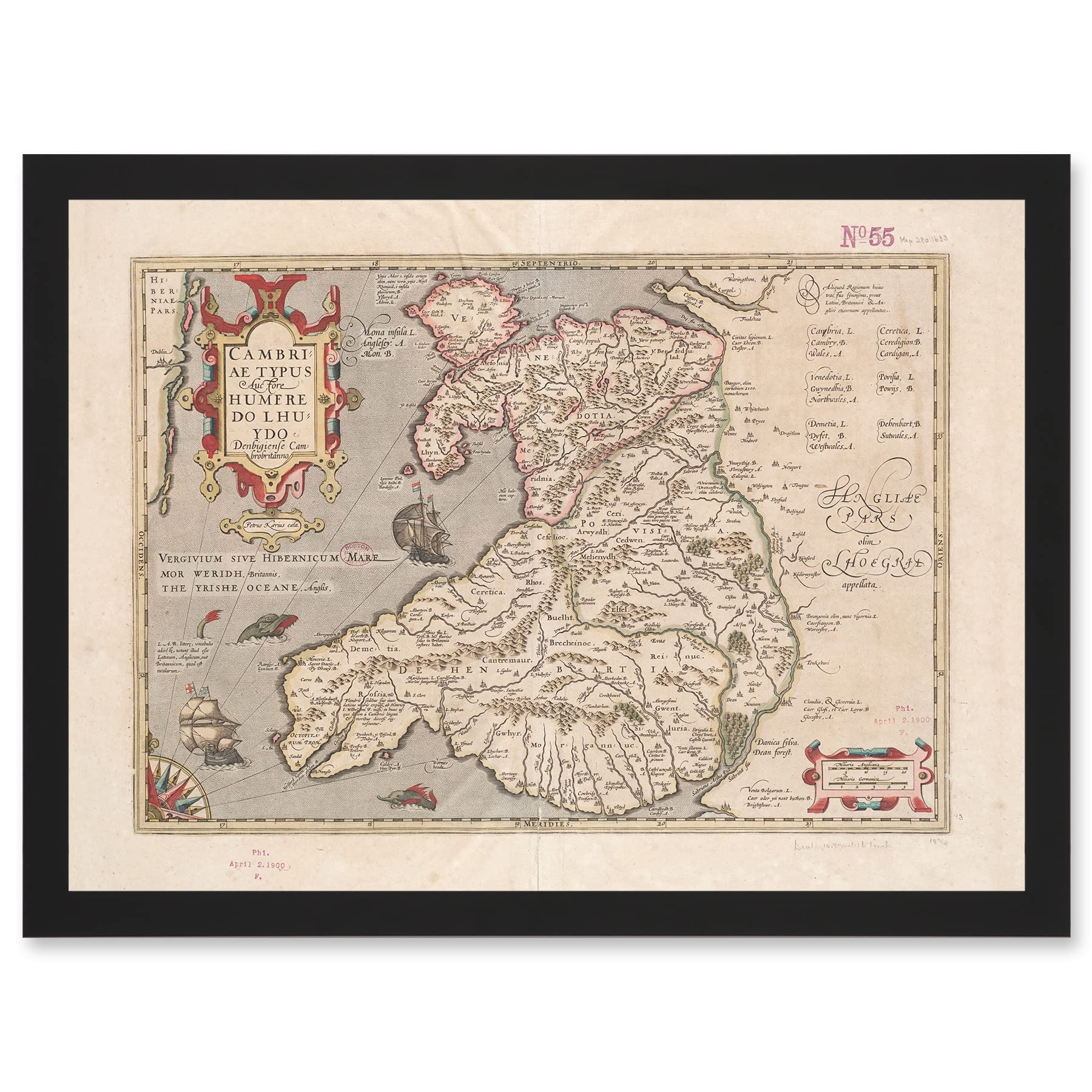 Artery8 Hondius 1633 Welsh Latin Early Map Wales Cymru Artwork Framed A3 Wall Art Print
