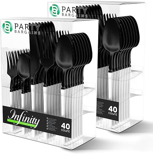 Party Bargains Cucharas de sopa de plástico desechables, paquete de 40, color blanco y negro, cubiertos de cocina de diseño moderno infinito,