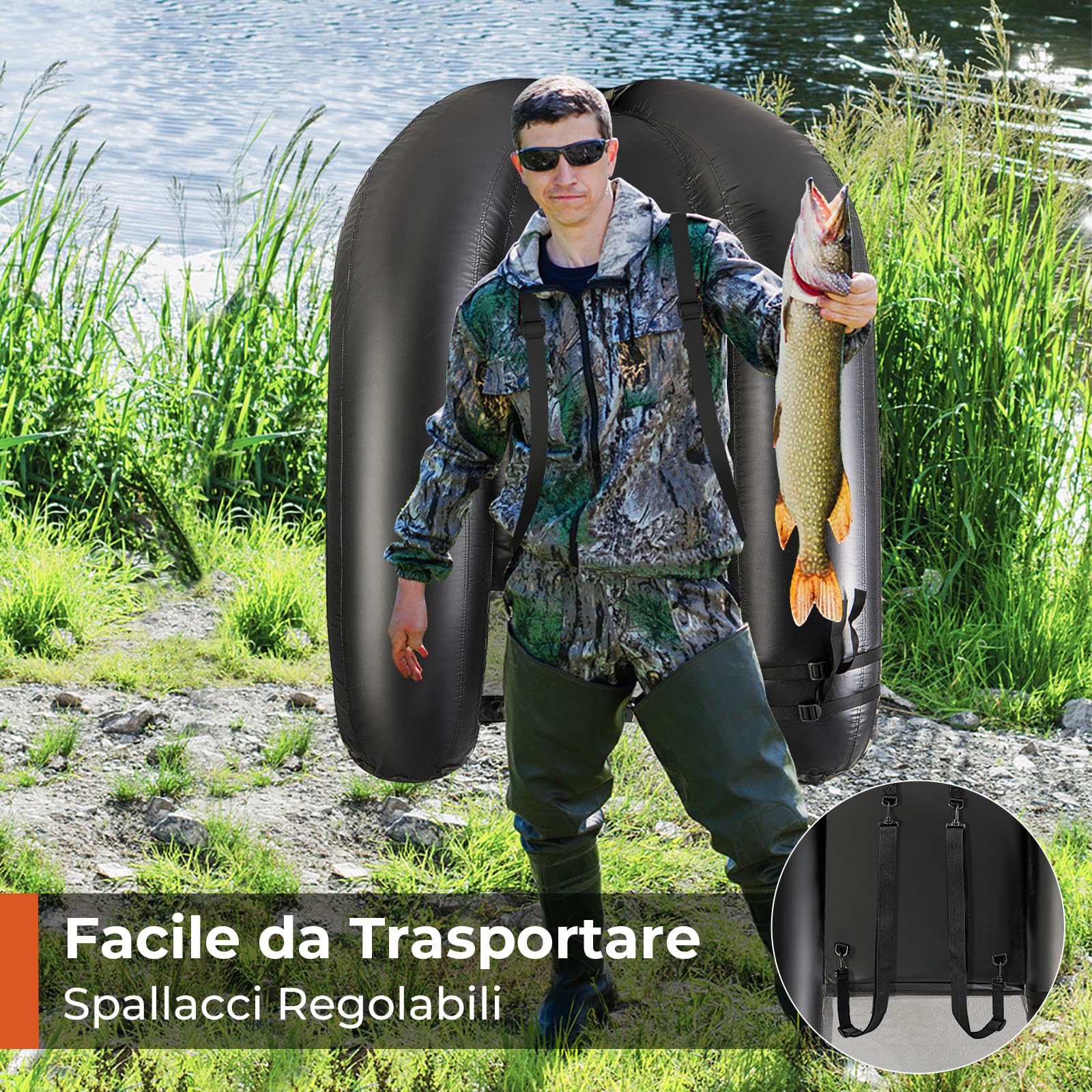 GYMAX Galleggiante da Pesca Gonfiabile, Barca da Pesca Portatile con Spallacci Regolabili, Pompa Manuale, Pagaia, Pinne, Portacanne, Misuratore di Pesce, Spazio di Archiviazione
