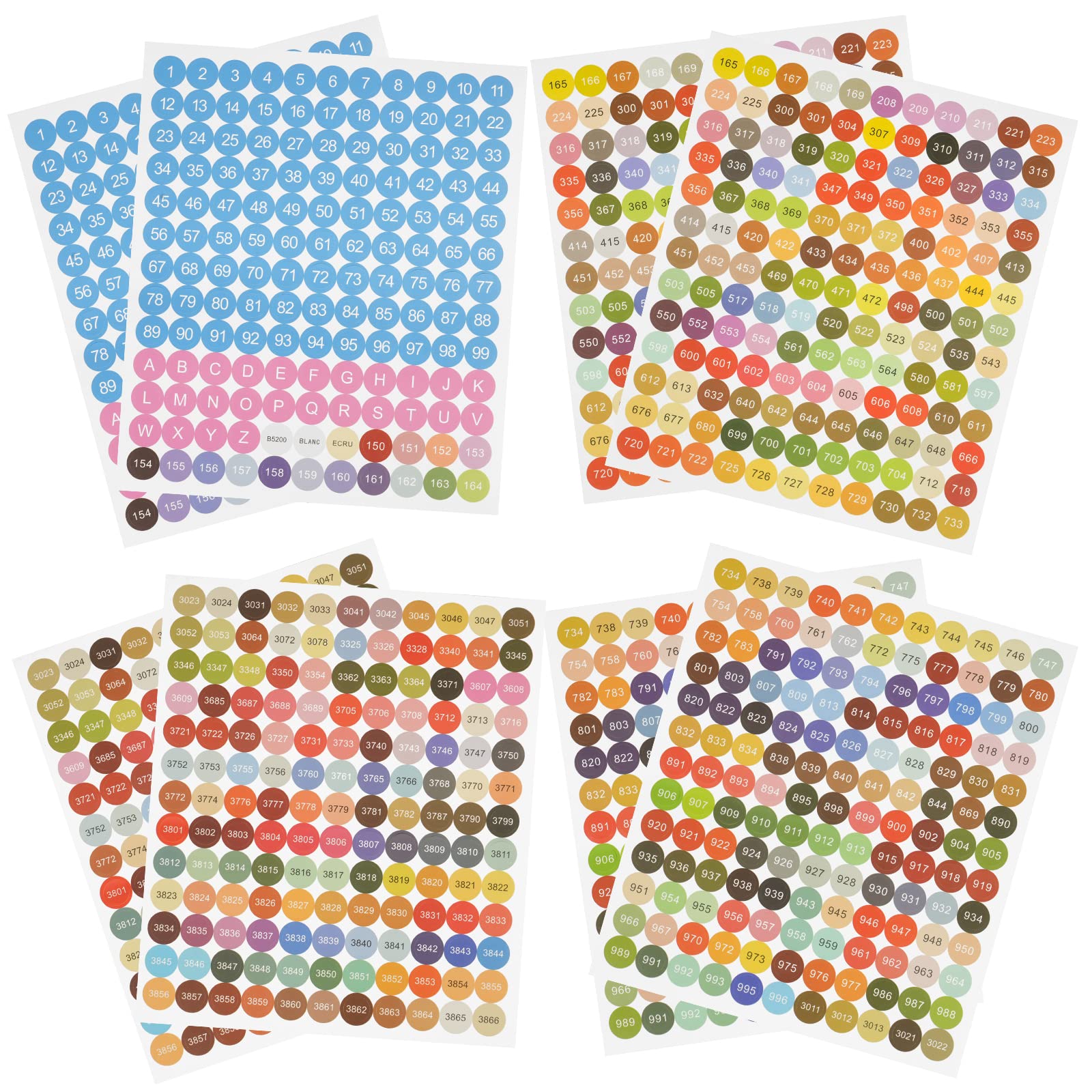 OSDUE 8 Hojas de Pegatinas de Números de Colores, Pegatinas de Números 1-3868 DMC, Pegatinas de Pintura de Diamantes, Pegatinas de Números Redondos, para Clasificar, Almacenar, Archivar