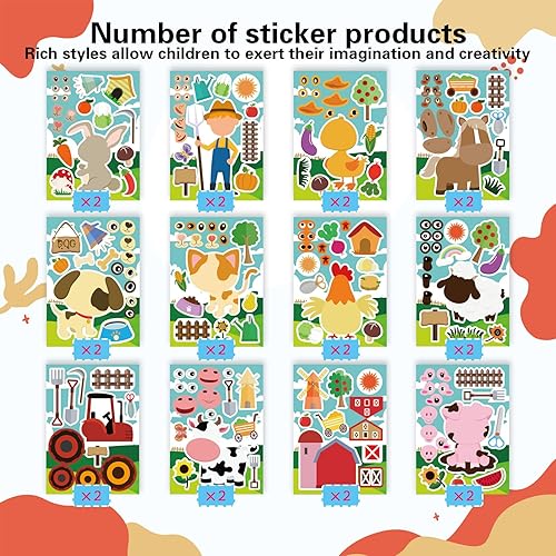 Miniatura 3 de 24 hojas de calcomanías para hacer una cara, hojas de calcomanías de animales de granja hacen tus propias calcomanías para niños con temática de