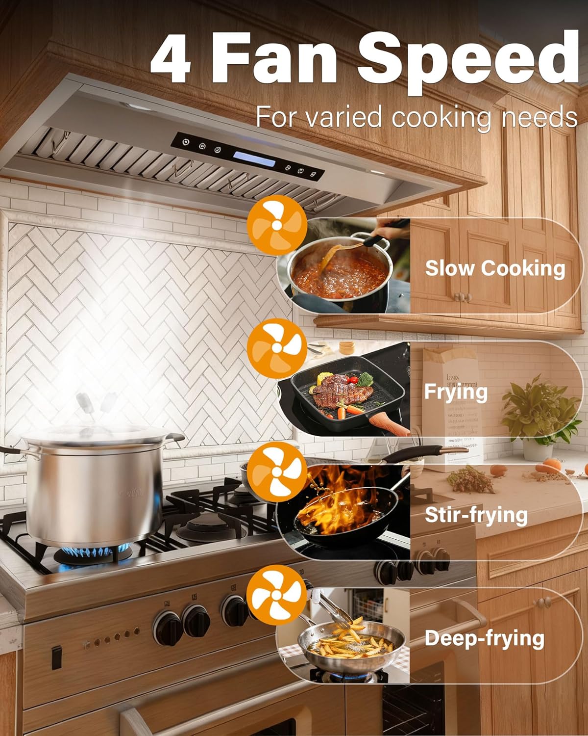 42 inch Stainless Steel Insert Range Hood - 900 CFM, Ultra-Quiet 4-Speed Vent, Touch/Remote Control, LED Lights, Ducted/Ductless Convertible