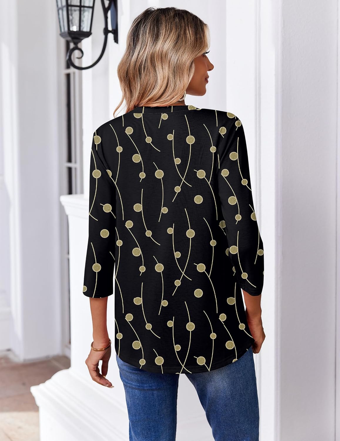 Zeagoo 3/4 Length Sleeve Womens Tops Casual V Neck Pleated Top Boho Floral Blouses Work Shirts - Image 6