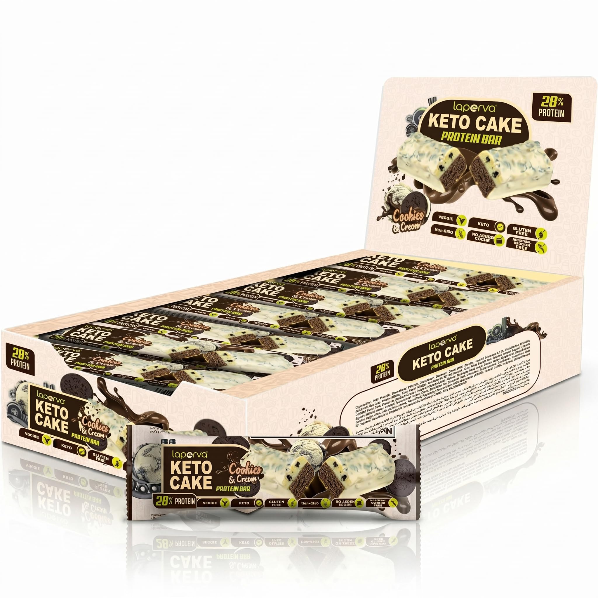 Laperva Keto Cake Barre Protéinée 28% Protéines Cookies & Cream, Snack Keto Low Carb, Végétarien, Sans Gluten, Sans Sucre Ajouté, Riche en Fibres, Non OGM, 18 Barres