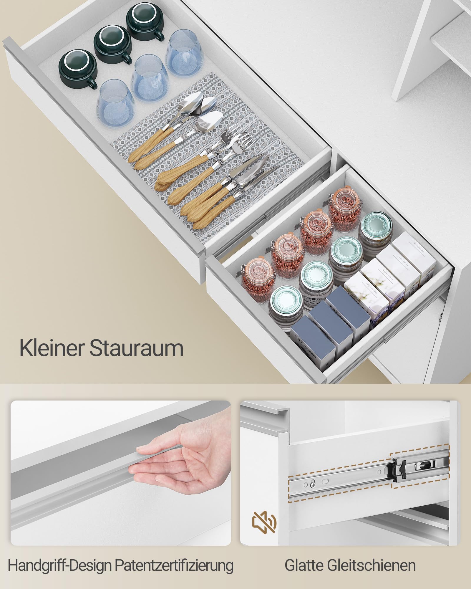 Hzuaneri küchenschrank, Sideboard, Kommode Küche mit Steckdosen und Led-Lichtleisten, mit Arbeitsplatten und Zwei Schubladen, Verstellbare Einlegeböden, Küche, 40 x 100 x 180 cm, Weiß, PT00103XEU