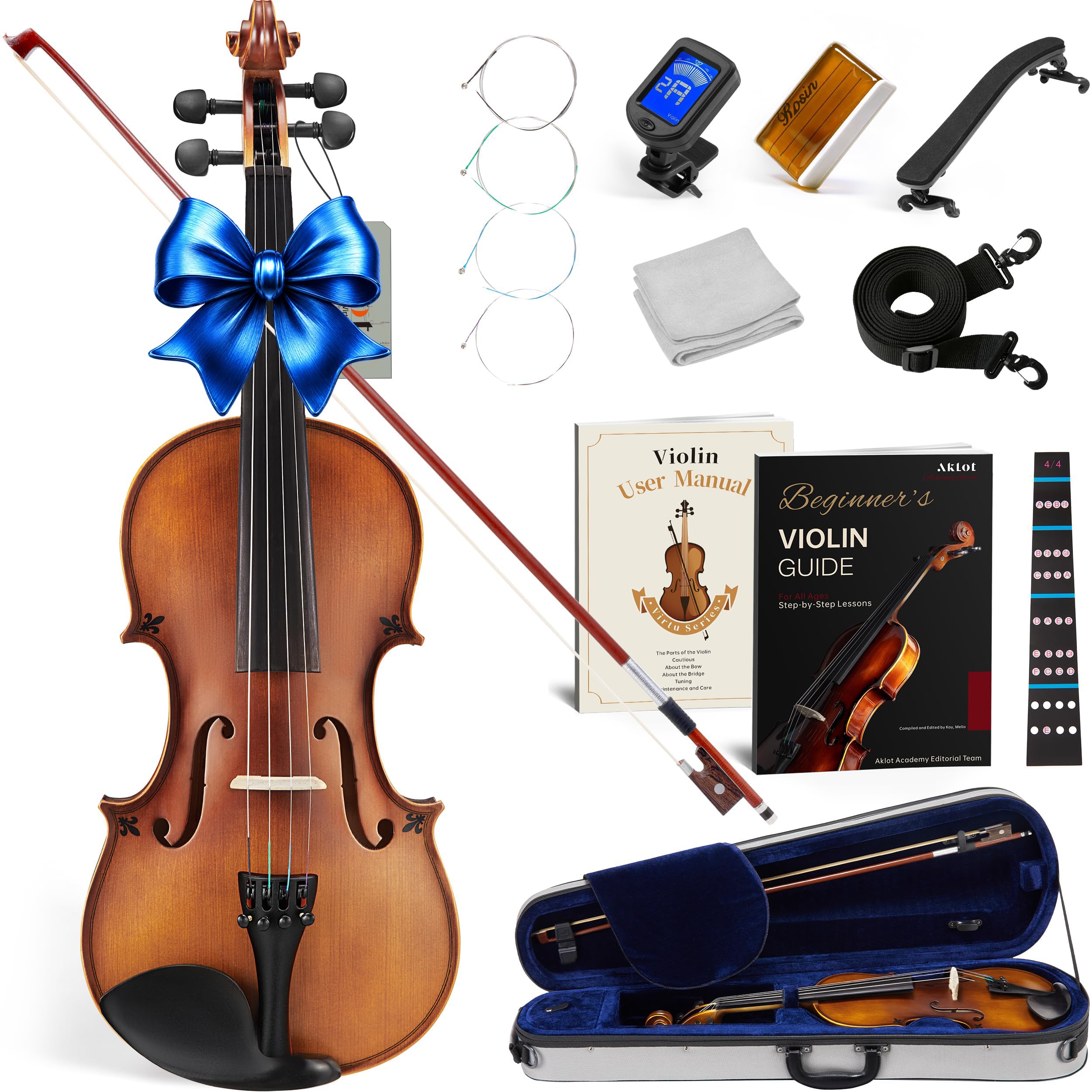 AKLOT Handcrafted Full Size Violin: Solid Wood Matte Fiddle, Acoustic Beginner 4/4 Violin Kit with Hard Case, Lesson Book, Bow, Shoulder Rest, Extra Strings, Tuner, Fretboard Stickers (VRT-AmiMS)