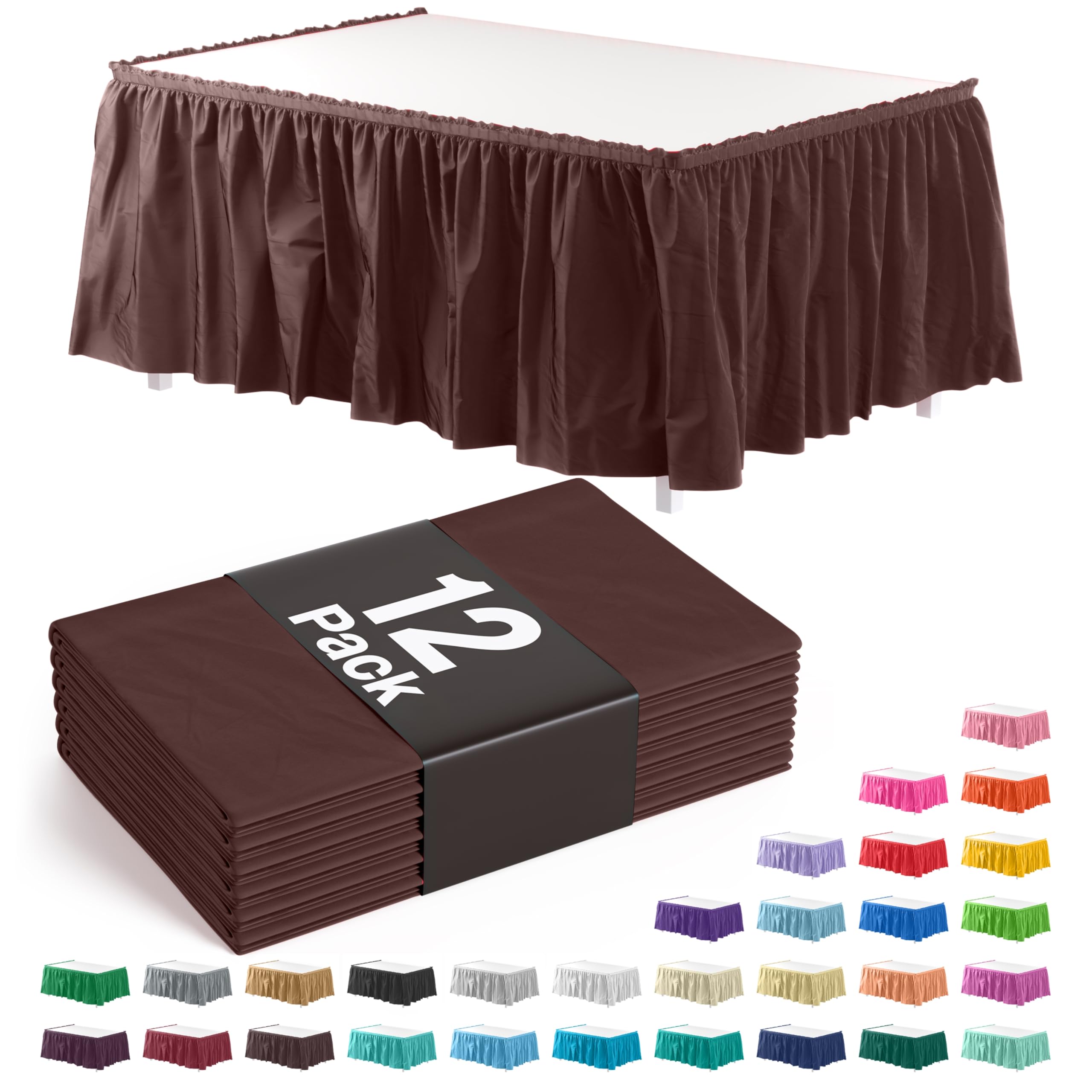 Exquisite Ruffle Table Skirt Brown 12 Pack 14 Ft Long Table Skirts for Rectangle Tables 6ft Plus or Round Tables Skirts with Adhesive Strip for Gender