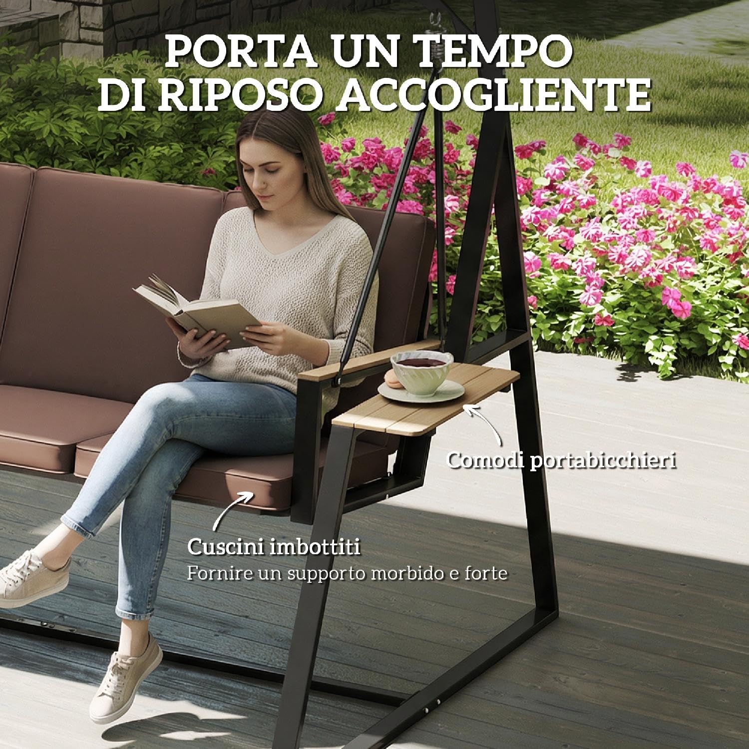 Dondolo da Giardino 3 Posti con Tettuccio Regolabile e Porta Bicchieri in Metallo Dimensioni 222x131x175 cm, Marrone