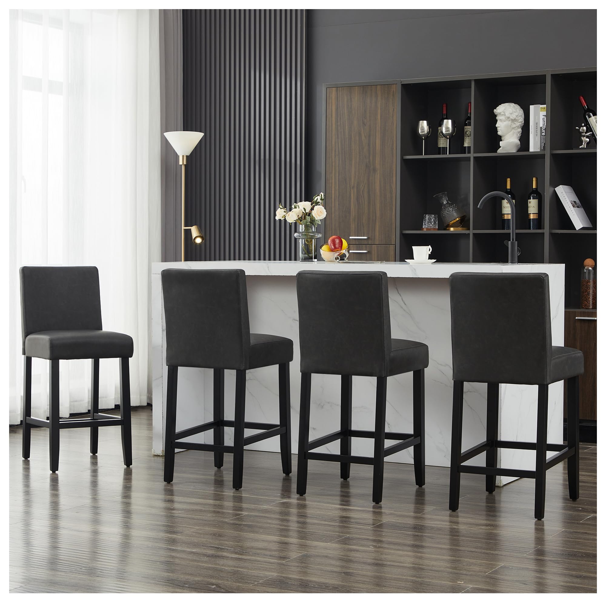 26'' Faux Leather Bar Stools Set of 4, Modern Upholstered Bar Height Bar Chairs, Soild Wood Legs Barstools with Back, Black