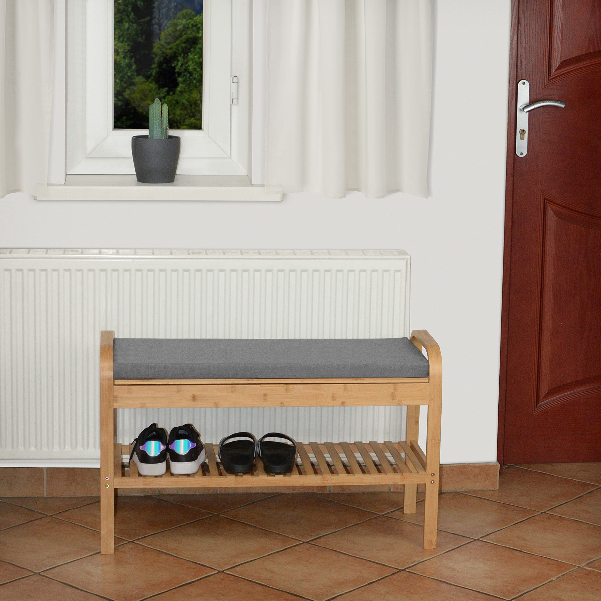 Szafka na Buty z Siedziskiem Bambusowa Półka na Buty Regał 90x55x33cm Szara